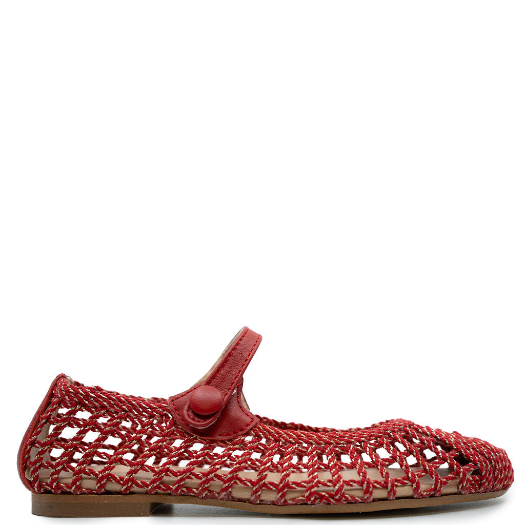 Red and Gold Basketweave Mary Jane Shoes for Women | Comfortable Vintage Style Flats | Perfect for Weddings, Parties & Everyday Wear