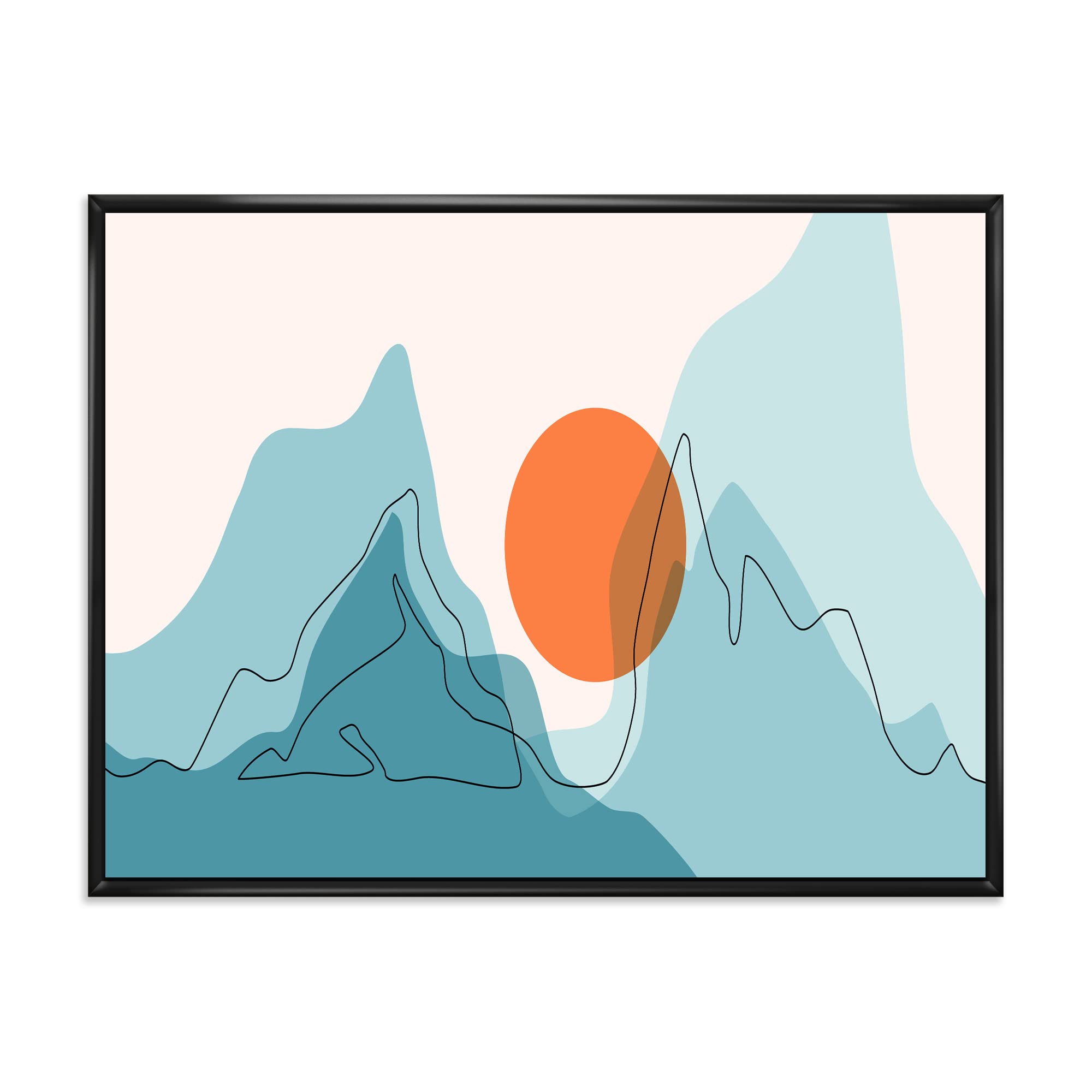 DesignQ Red Moon Over Abstract Blue Mountains I - Modern Framed Canvas Wall Art Print for Living Room, Bedroom & Office Decor