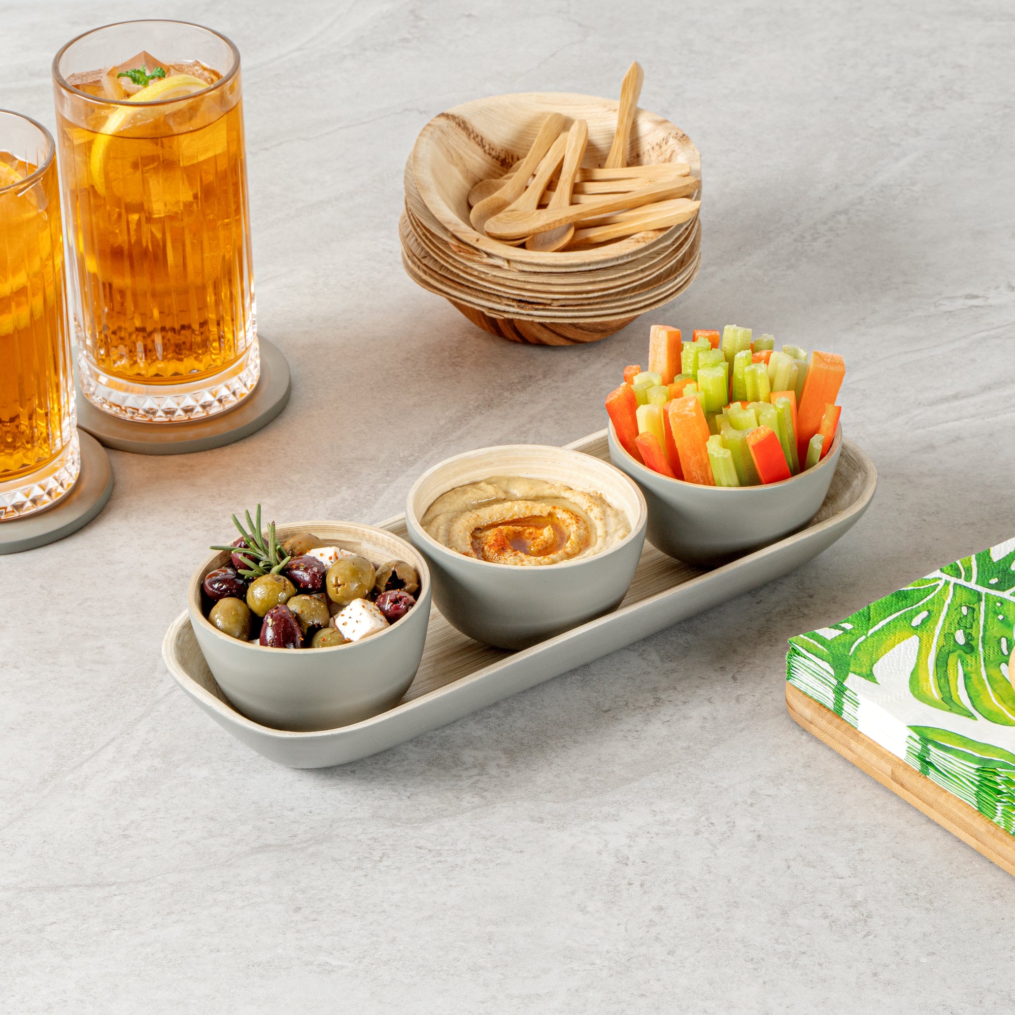 Eco-Friendly Bamboo Bowl Set with Tray - 3 Gray Bamboo Bowls (11.75