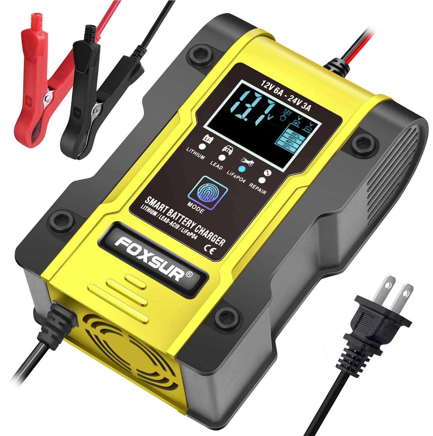 12V/24V 6A Smart Car Battery Charger for Lithium & Lead-Acid - Auto Maintenance