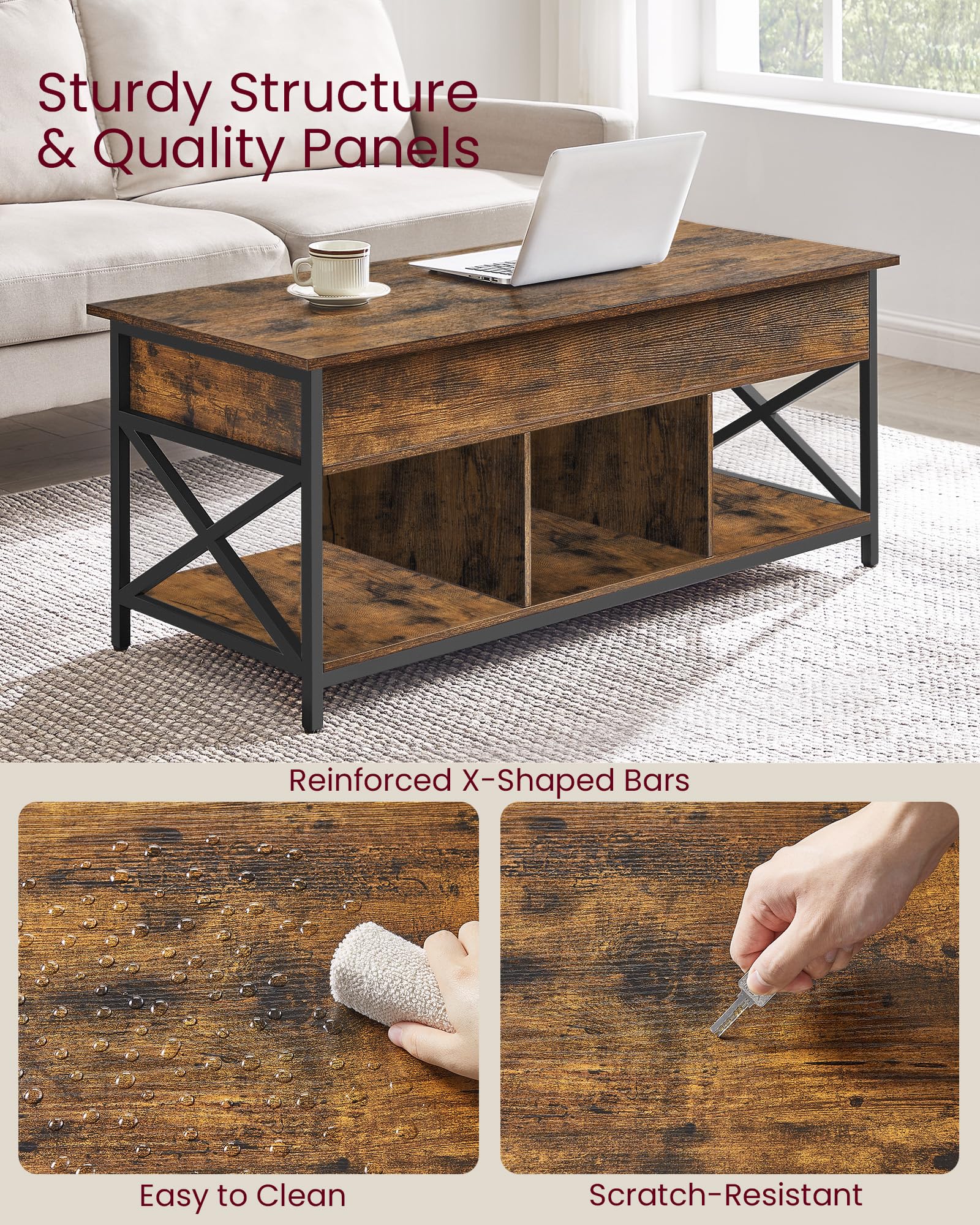 VASAGLE Industrial Lift Top Coffee Table with Hidden Storage Compartments, Rustic Brown & Black, 19.7