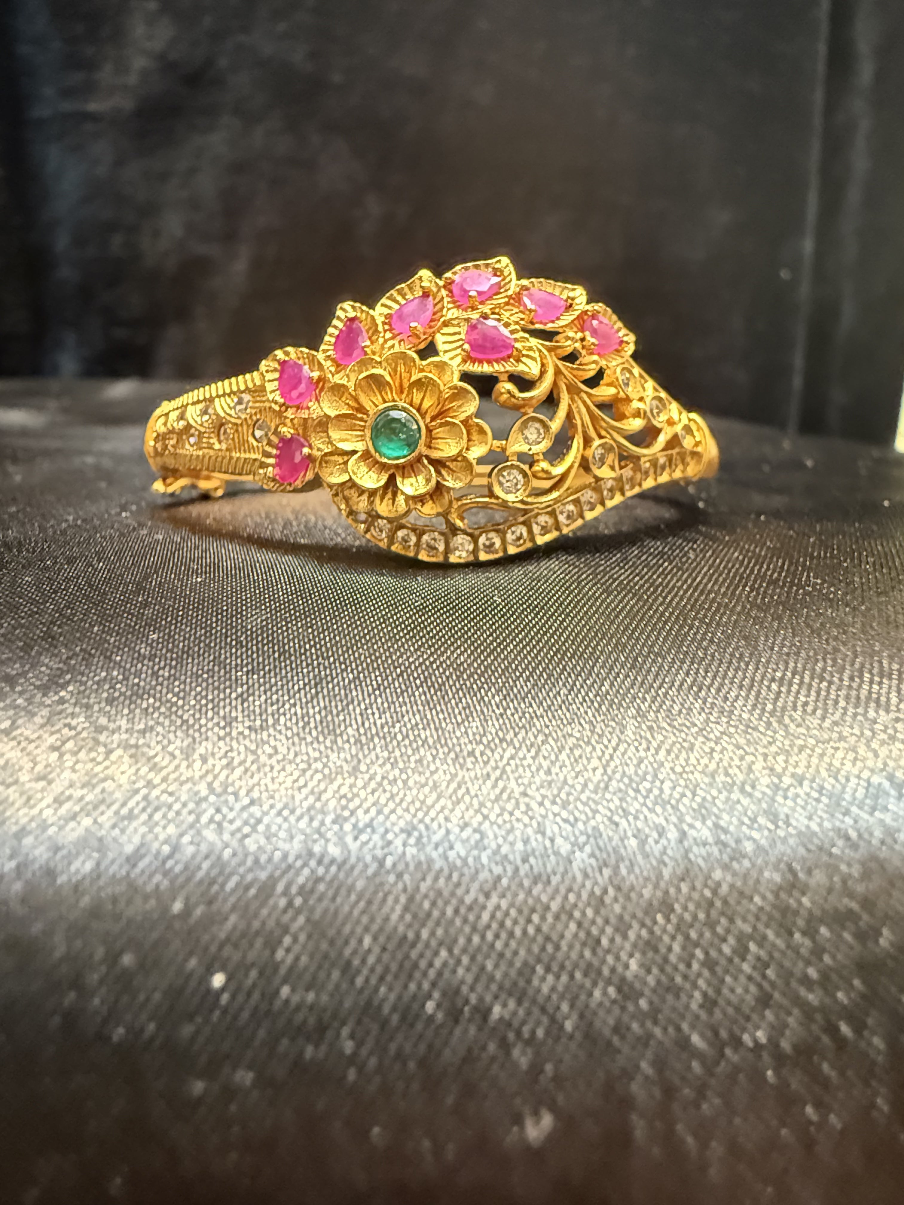 Elegant Gold Plated Bracelet with Pink & Green Stones, Floral Leaf Design - Perfect for Weddings, Parties & Gift Giving
