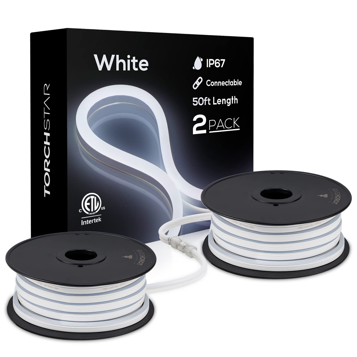 TORCHSTAR 50ft LED Neon Rope Lights - Flexible Outdoor/Indoor Waterproof IP67 Decoration (Daylight White) - UL & ETL Certified 120V Connectable Light Strip (Pack of 2, Max 150FT) - Perfect for Christmas, Halloween, Parties, Weddings & Home Decor