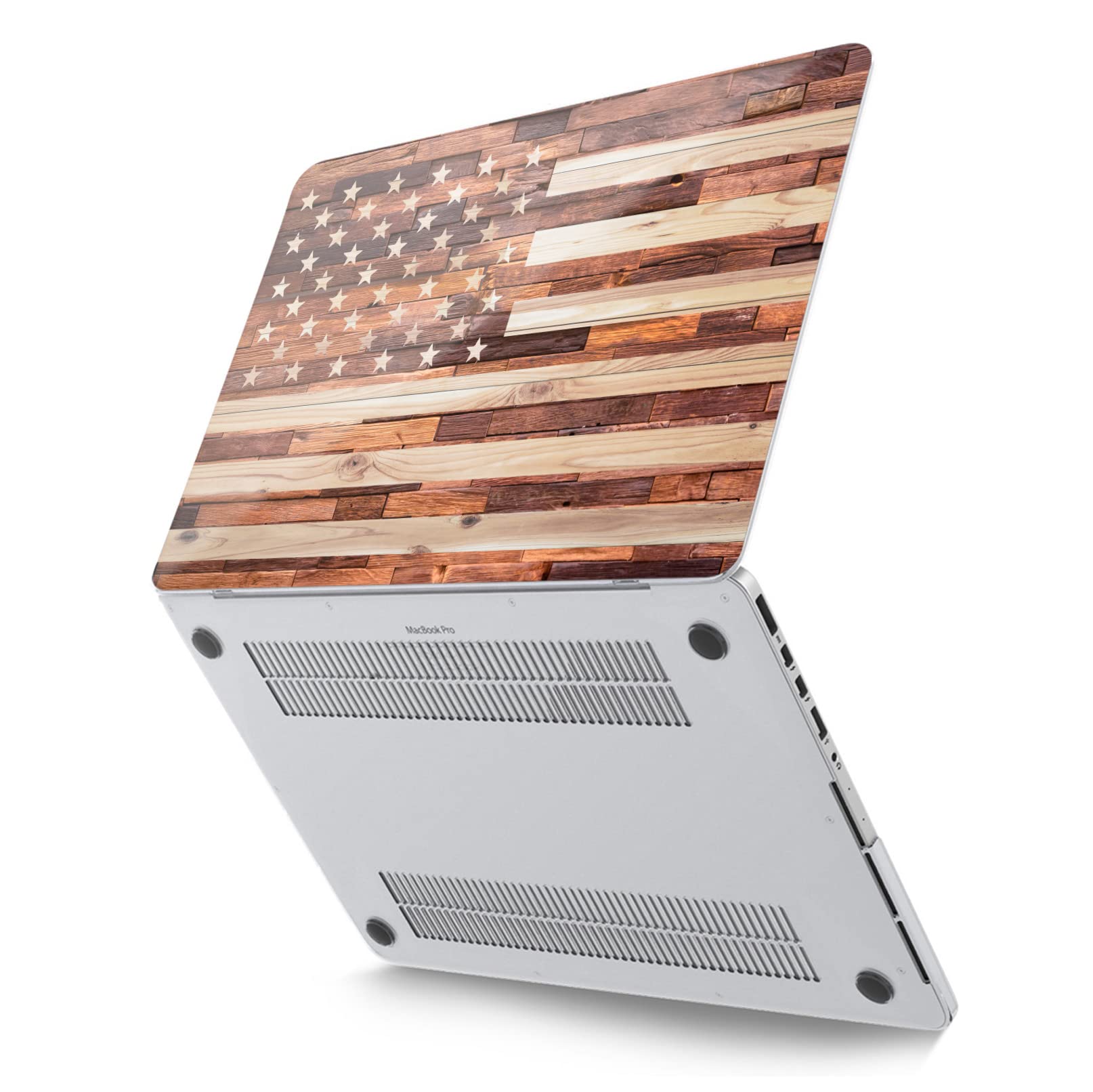 Patriotic Wooden Hard Case for MacBook Pro 13 inch (2016-2020 Models A1706/A1708/A1989/A2159/A2251/A2289/A2338) - USA Stars & Stripes American Flag Design - Perfect for Travel, Office & School Use