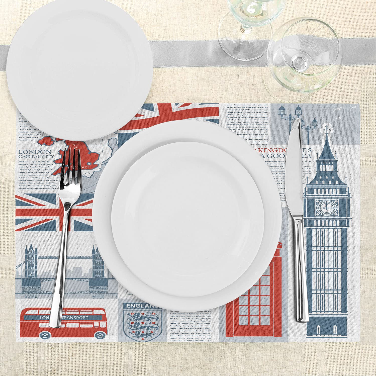 Ambesonne Set of 4 Phone Booth Themed Placemats - London UK Landmarks & Flags Design, Washable Fabric Table Mats for Dining Room & Kitchen Decor in Slate Brown, Vermilion, Pale Blue Grey | Perfect for British-Themed Parties, Tea Time & Home Decor