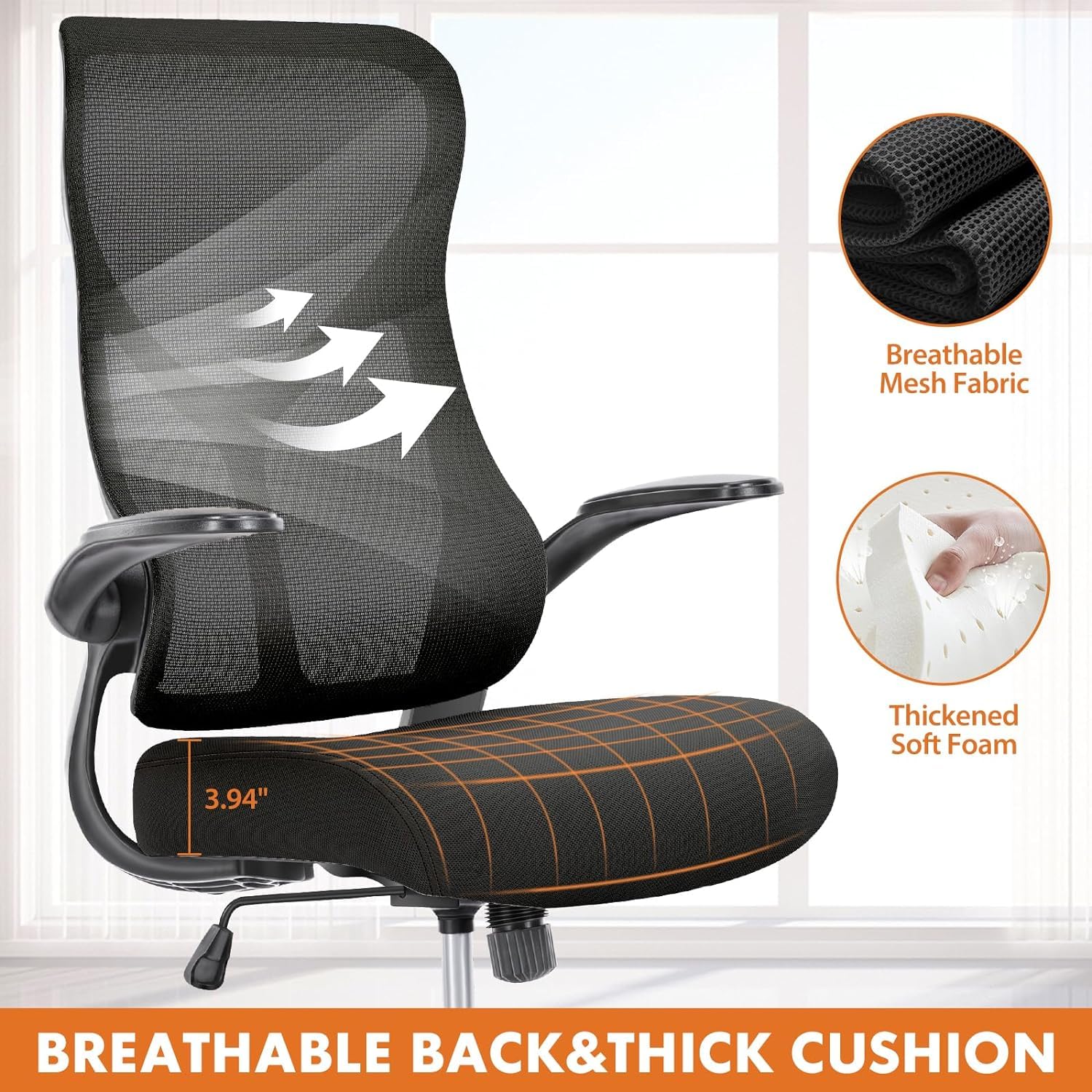 Ergonomic High Back Office Chair - Adjustable Height Computer Desk Chair with Lumbar Support, Flip-Up Arms & 120° Tilt for Home Office, Gaming & Workspace - Black (Sweetcrispy)