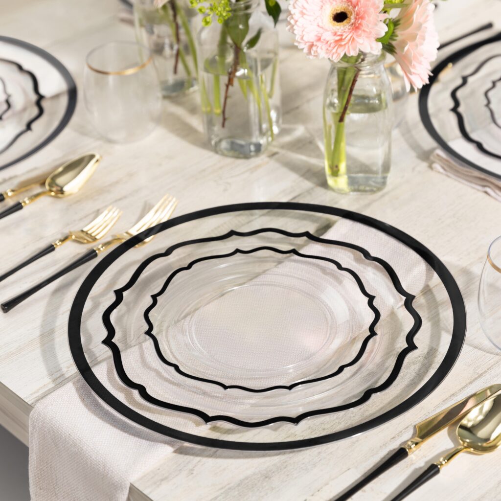 32-Piece Clear & Black Rim Plastic Dinnerware Set for 16 Guests - Modern Dinner Plates, Salad Plates, Bowls & Cups - Perfect for Outdoor Dining, Parties, BBQs & Special Events