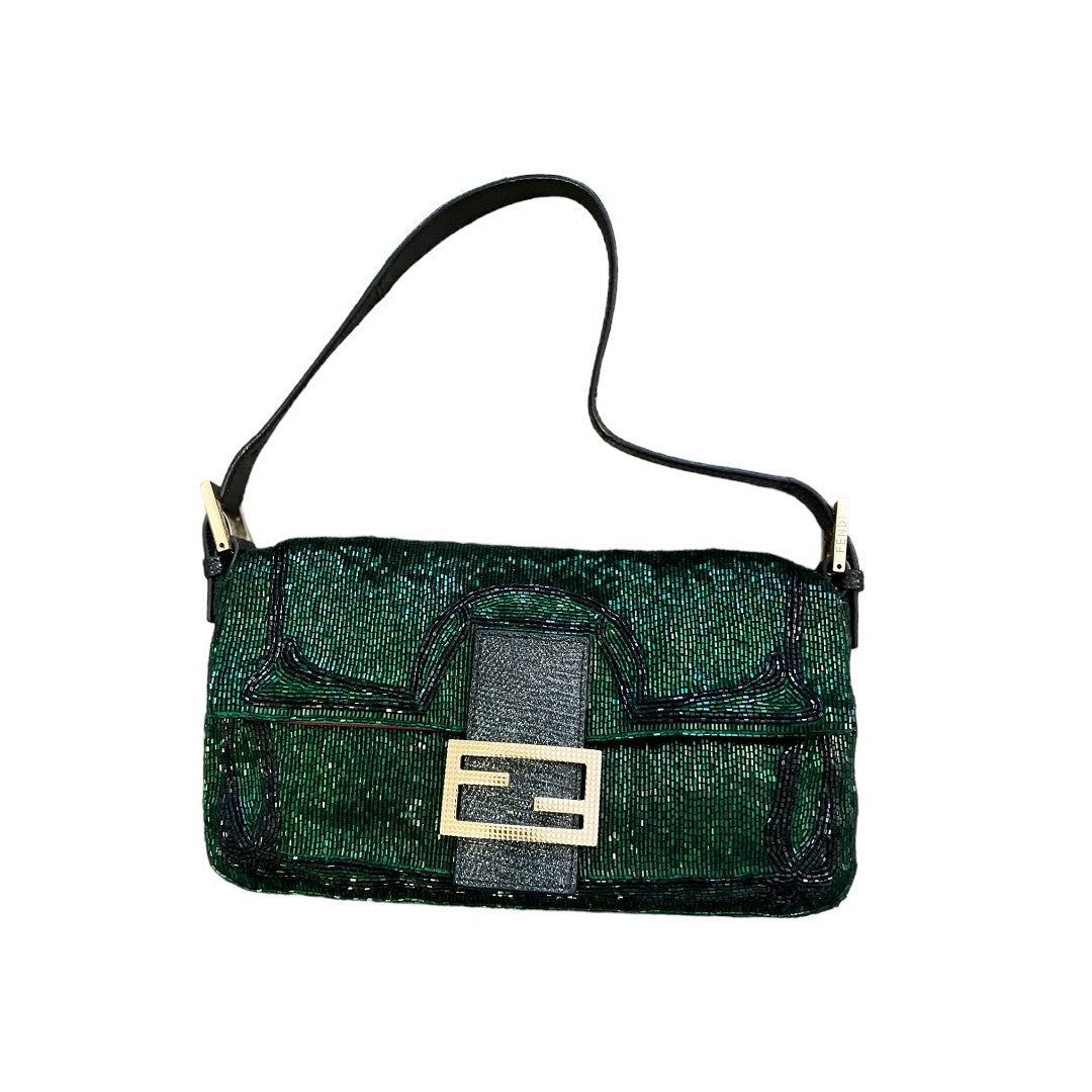 Fendi Green Beaded Baguette Bag - Luxury Designer Crossbody Purse for Women | Perfect for Evening Parties, Weddings & Special Occasions