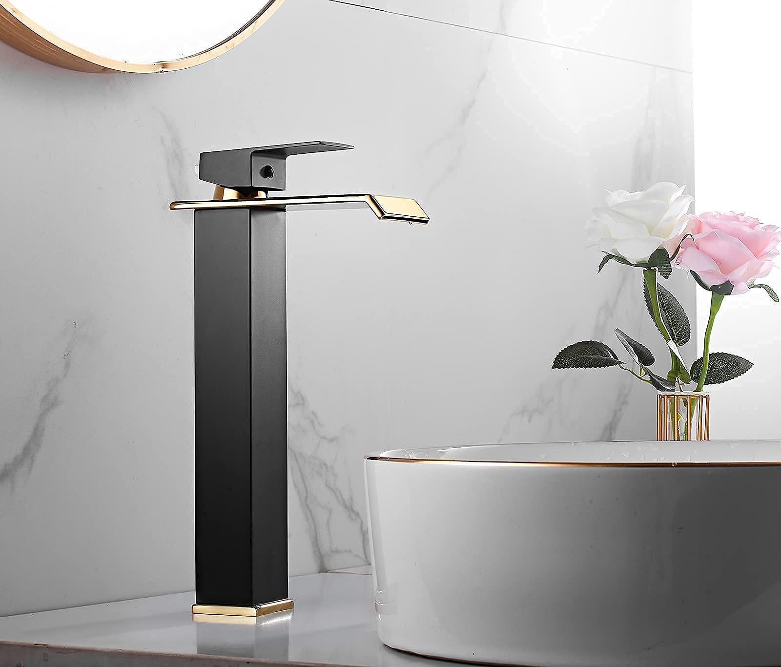 Black Gold Waterfall Single Handle One Hole Vessel Sink Faucet with Golden Drain Assembly - No Overflow - Tall Bowl Bathroom Faucet for Modern & Luxury Vanity Sinks