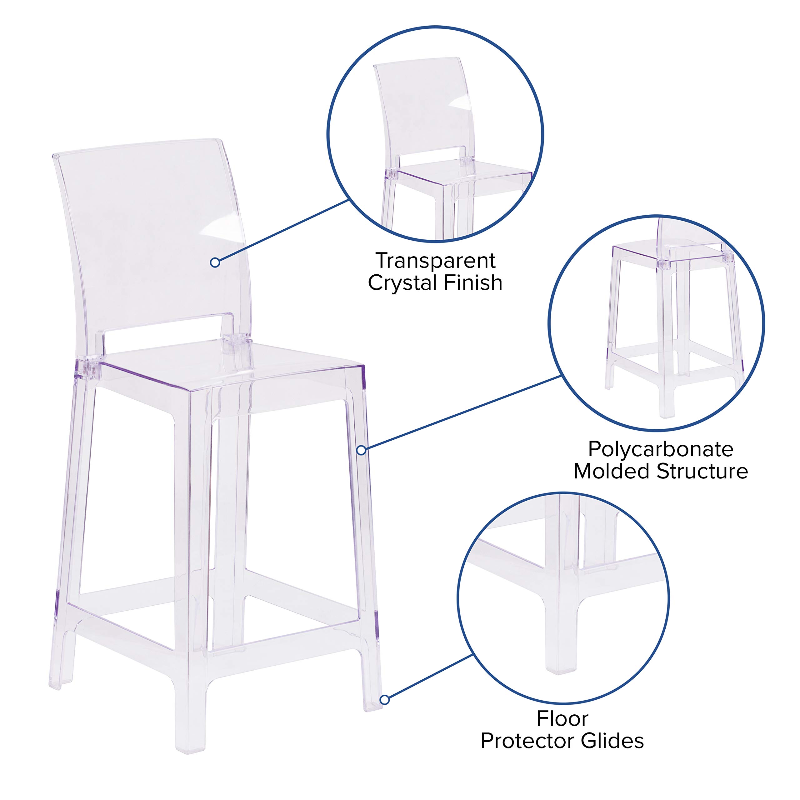 Transparent Crystal Ghost Counter Stool with Square Back - Modern Bar Stool for Kitchen Island, Dining Room, and Home Decor