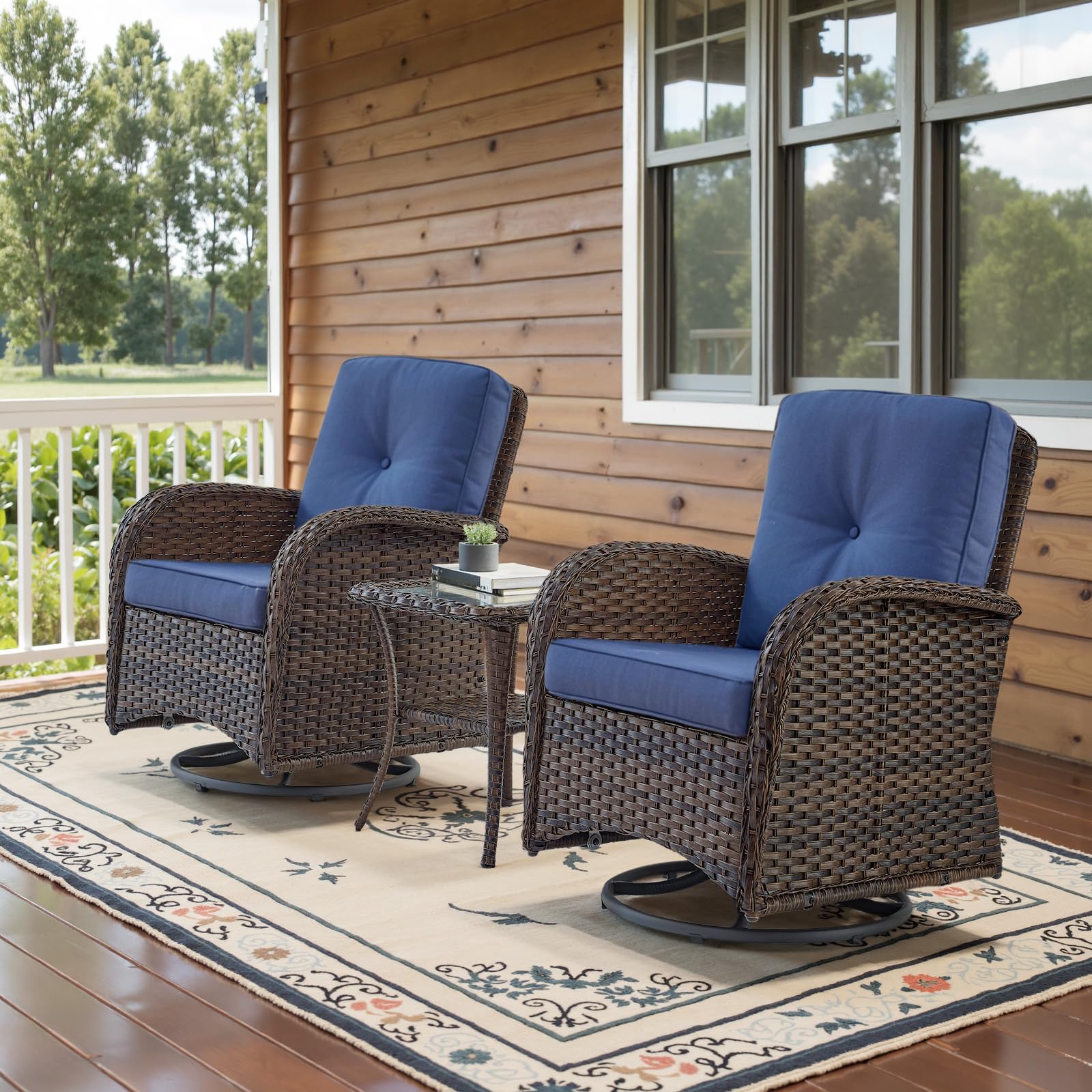 Outdoor Swivel Rocking Chairs Set of 2 with Rattan Side Table - Patio Wicker Swivel Glider Chairs 3-Piece Furniture Set for Deck, Porch, Pool (Brown/Blue) - Perfect for Relaxing, Lounging, and Entertaining Guests