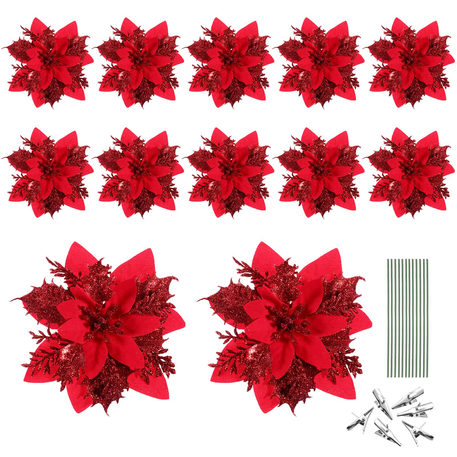 NUOBESTY 12-Piece Red Glitter Poinsettia Flowers Set - Artificial Christmas Tree Ornaments with Stems & Clips for Holiday Home Decor, Xmas Party & Festive Gift Wrapping