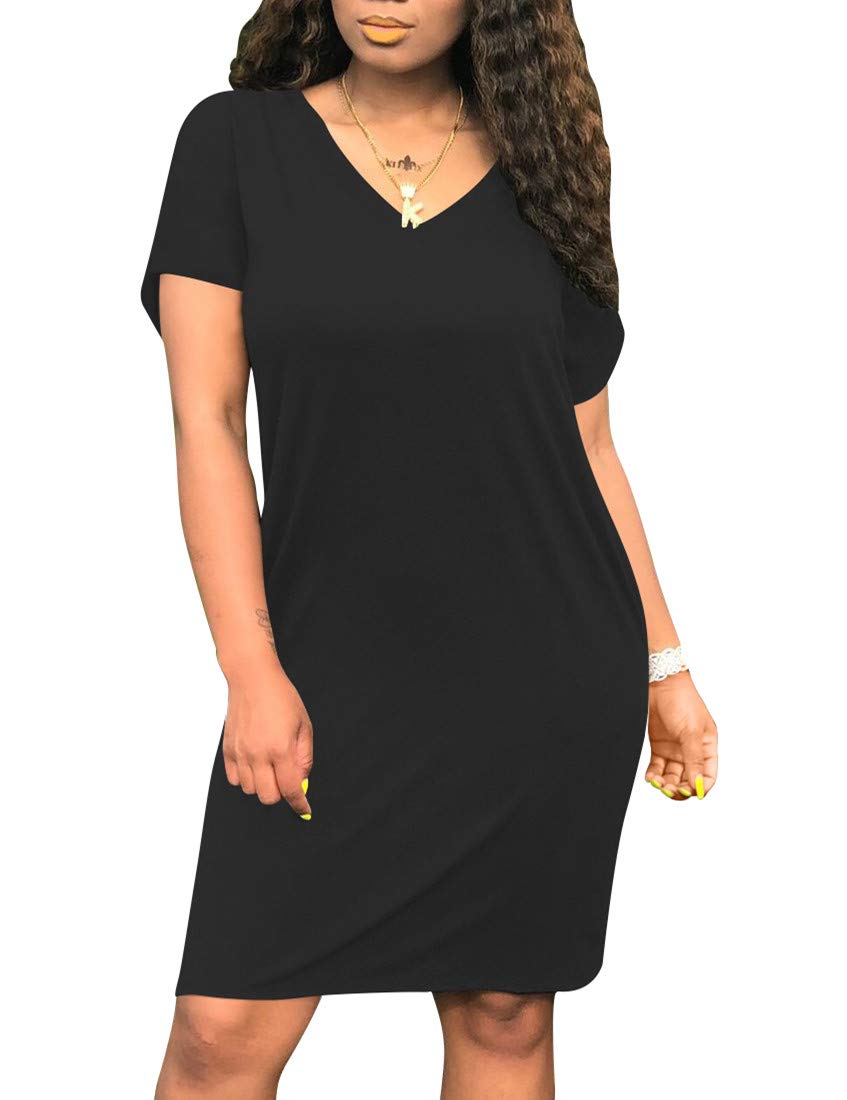 Cailami Women's Summer V-Neck Short Sleeve Midi T-Shirt Dress - Casual Tunic Dress with Pockets for Beach, Vacation & Everyday Wear