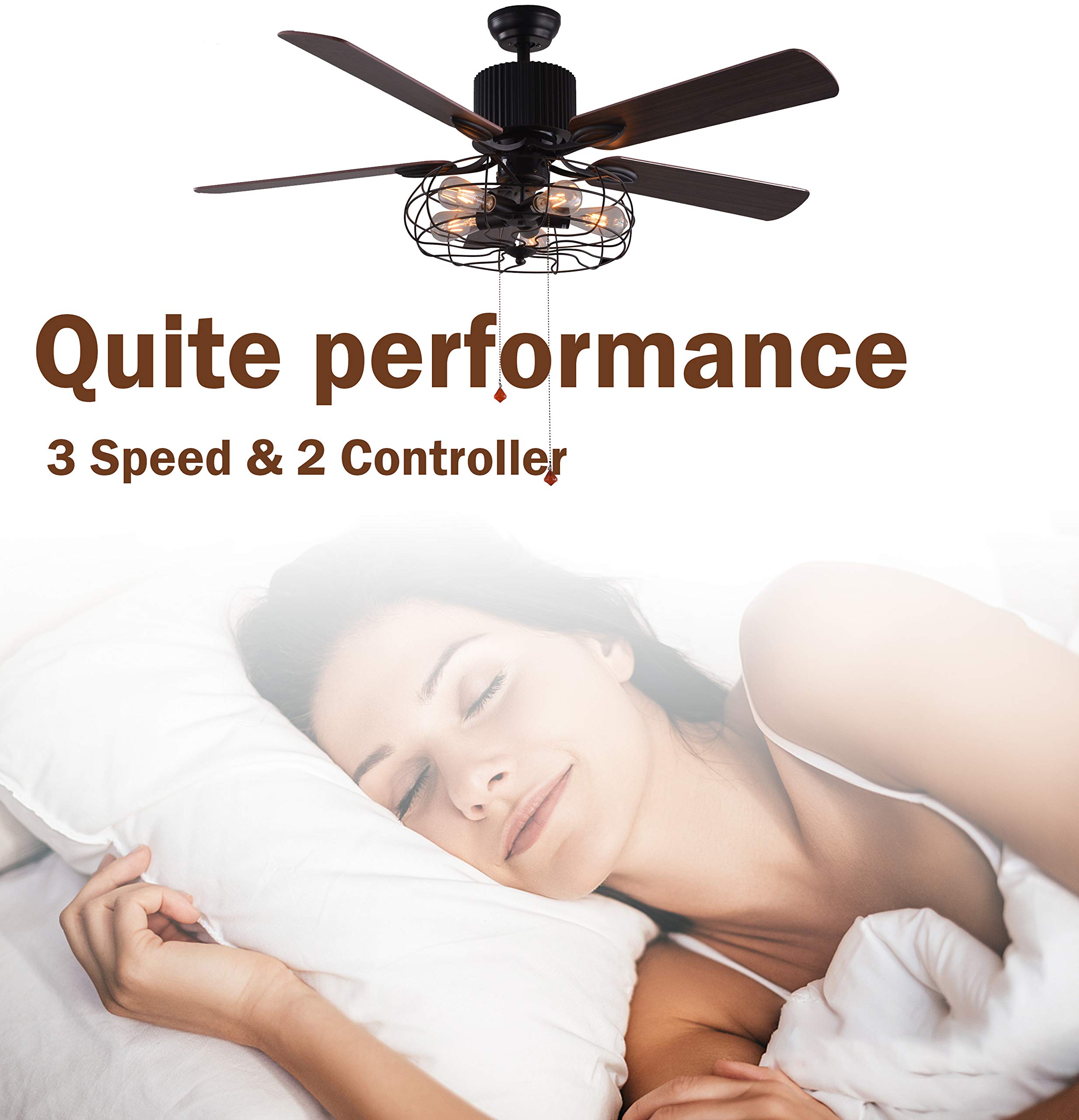 Bella Depot 42-Inch Industrial Ceiling Fan with Lights & Remote - Black Iron Cage Design, 5 Reversible Wood Blades - Perfect for Kitchen, Bedroom, Living Room, Office & Patio Cooling & Lighting