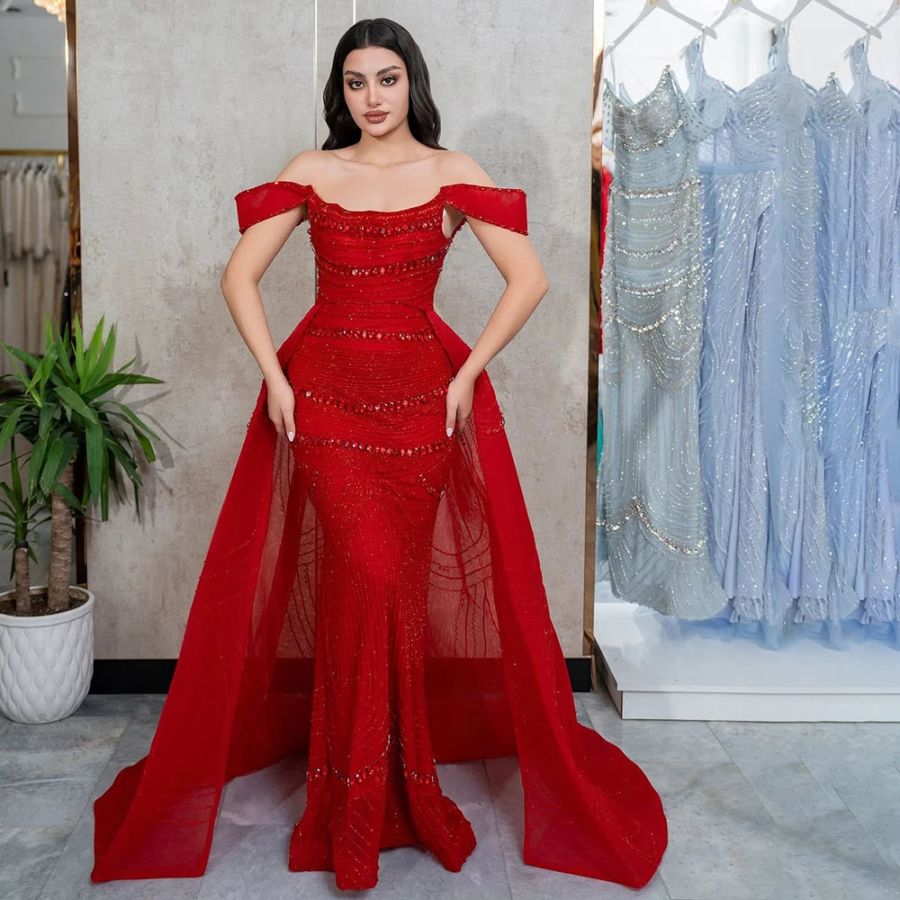 Elegant Dubai Arabic Pink Mermaid Beaded Evening Gown with Detachable Satin Overskirt - Formal Dress for Weddings, Galas & Special Occasions LA72781