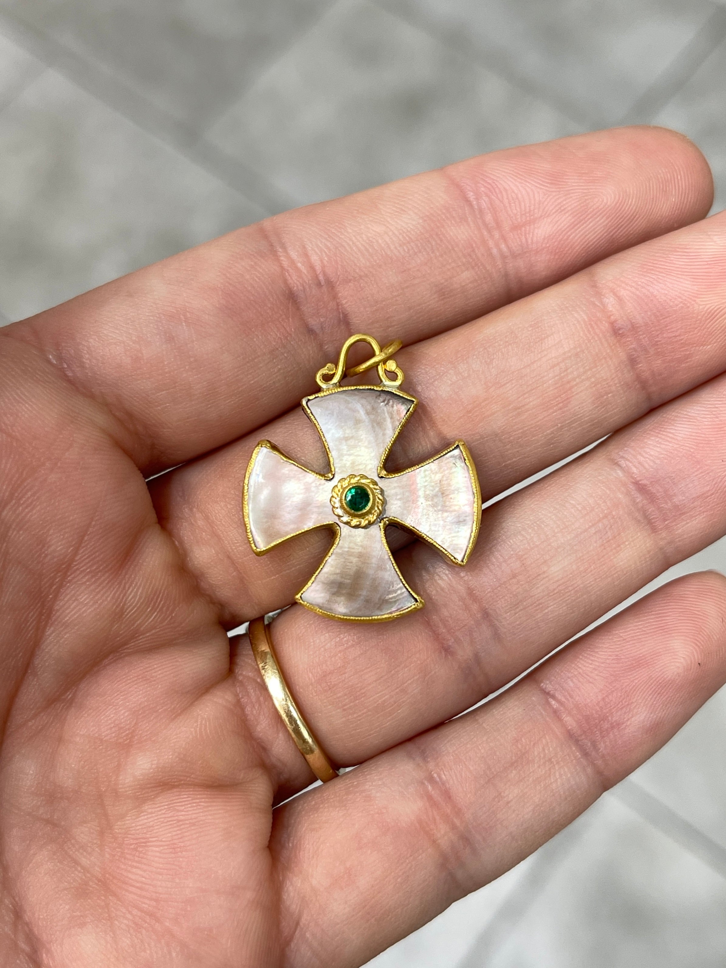 24K Gold Byzantine Cross with Mother of Pearl and Emerald - Maltese Style Religious Jewelry for Men & Women - Perfect for Church, Weddings, and Special Occasions