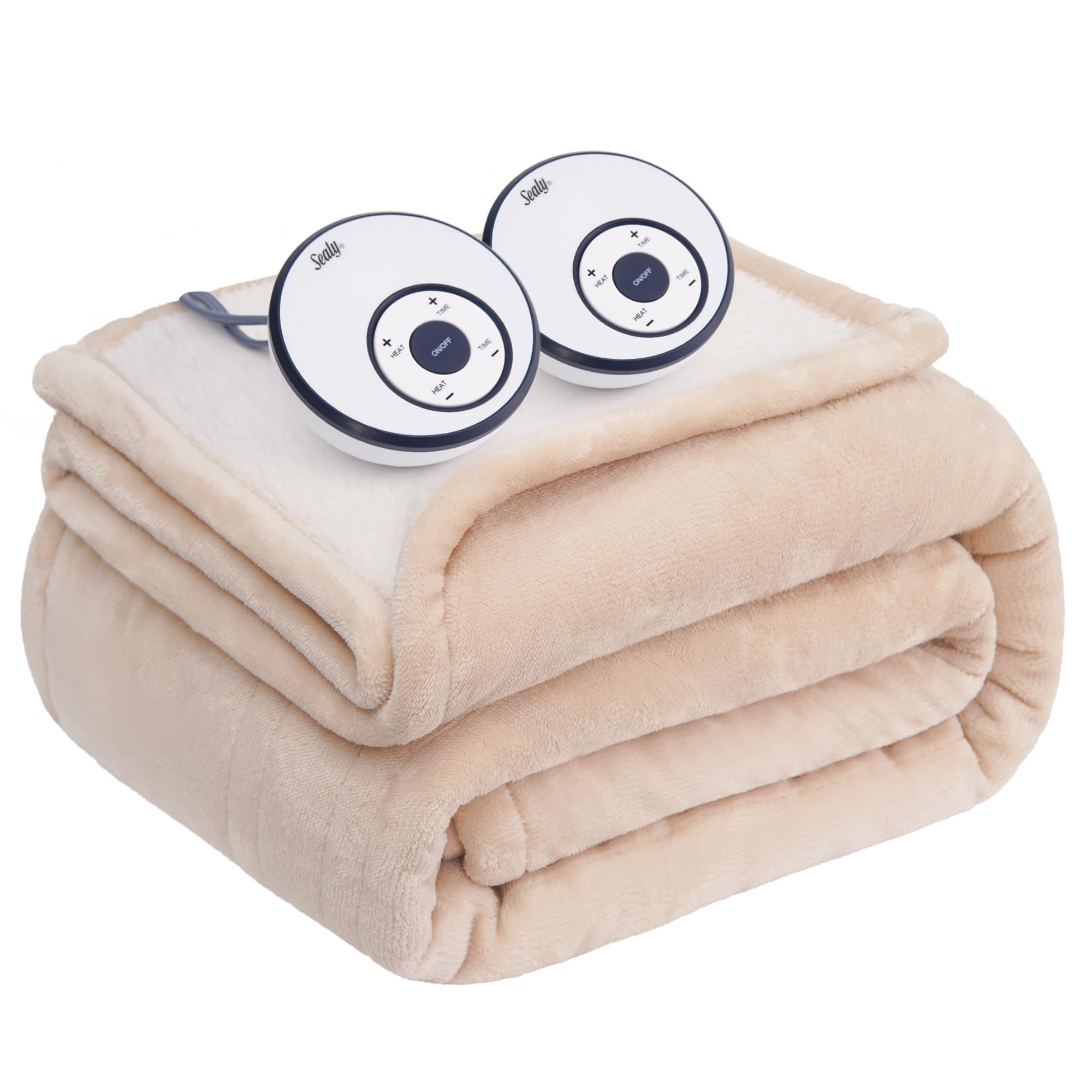 Sealy Electric Heated Blanket Queen Size 84x90 Inch - Flannel & Sherpa Dual-Sided Heating Blanket with 10 Adjustable Heat Settings, 1-12 Hour Auto Shut Off, Fast Warming, Machine Washable, Beige | Perfect for Cold Winter Nights, Bedroom Comfort, and Cozy Gift Giving