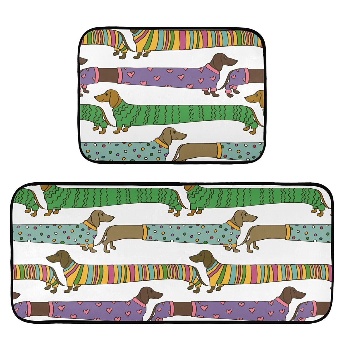 Non-Slip Cartoon Dachshund Dog Kitchen Rugs Set of 2 - Washable Runner Mats for Kitchen, Living Room Floor Decor - Perfect for Pet Lovers' Homes & Cozy Spaces