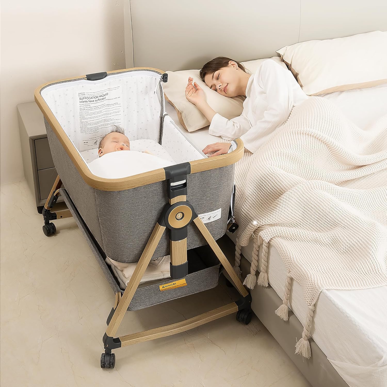 **Maydolly 3-in-1 Baby Bassinet & Bedside Sleeper – Portable Crib with Storage Basket, Wheels & Easy Fold – Newborn to Infant Grey – Perfect for Nursery, Travel & Co-Sleeping**