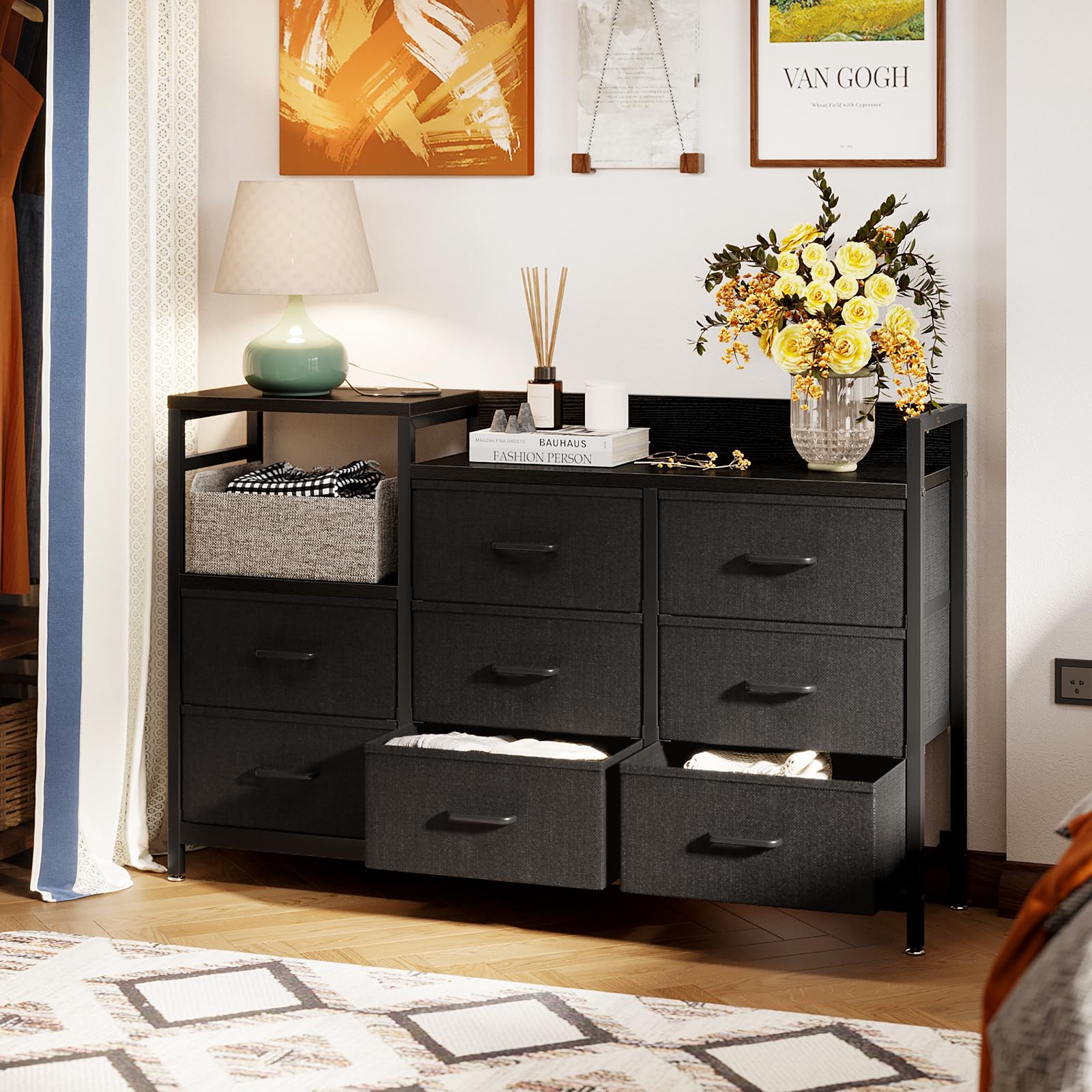 52-Inch Long ODK Dresser with Charging Station & 8 Storage Drawers - Sturdy Steel Frame & Wooden Top Fabric Dresser for Bedroom Organization - Perfect for Small Spaces, Dorm Rooms & Apartment Storage Solutions
