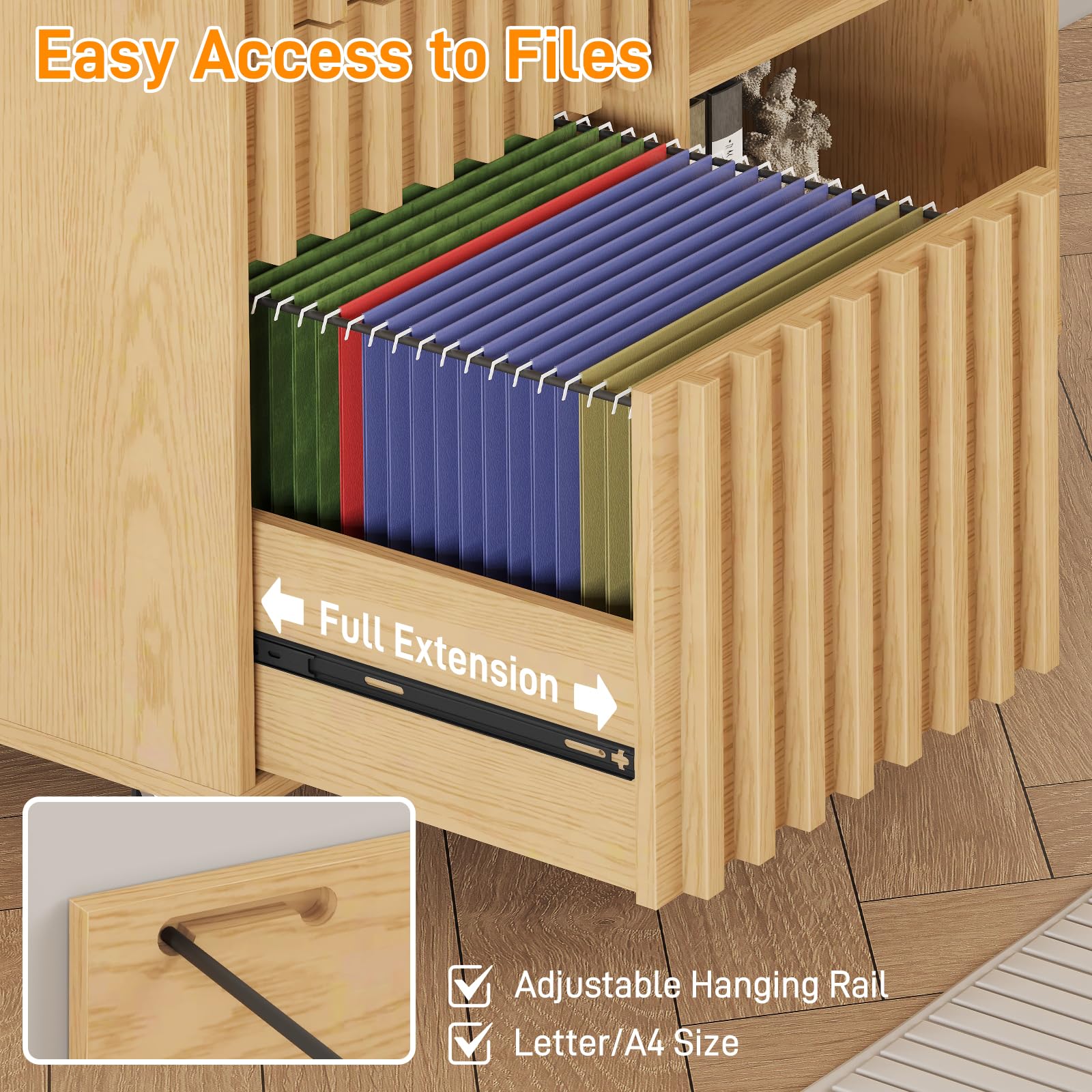 3 Drawer Wooden File Cabinet with Adjustable Shelf - Fluted Lateral Filing Cabinet for Letter & A4 Size Documents - Natural Oak Home Office Storage Solution - Perfect for Organizing Files, Printer Stand & Office Supplies in Workspaces