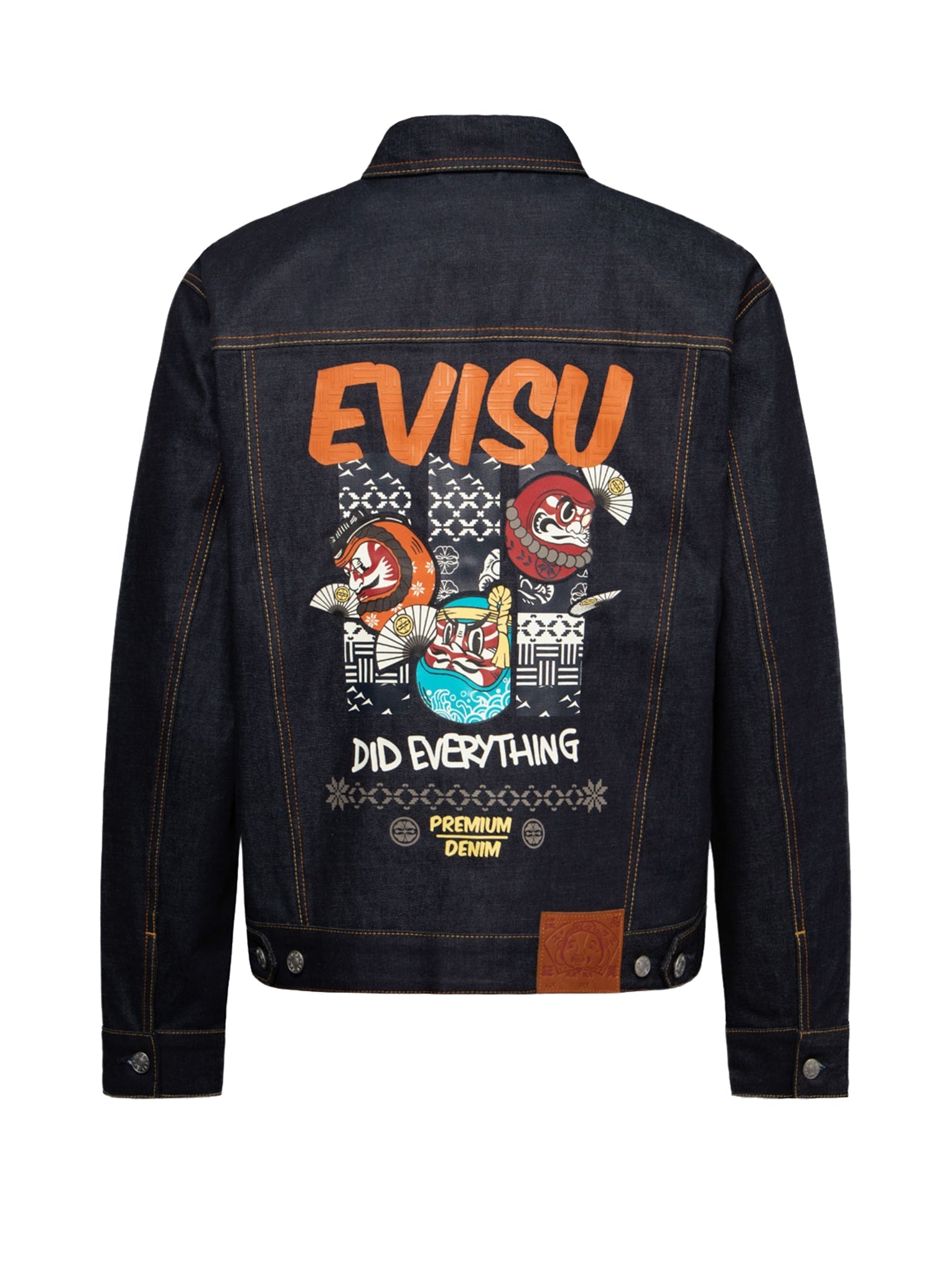 Kumadori Daruma Print Relax Fit Denim Jacket - Stylish Japanese Streetwear for Men & Women | Perfect for Casual Outfits, Festivals & Urban Fashion