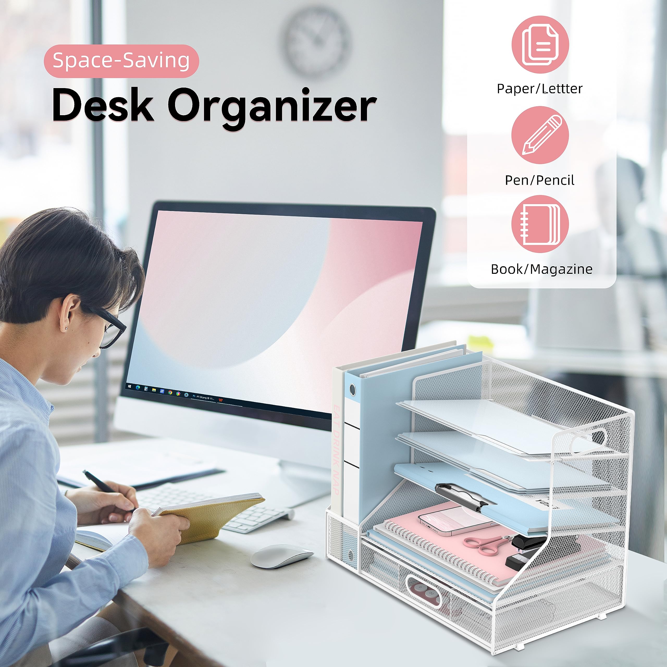SUPEASY 5-Tier Mesh Desk Organizer with File Holder & 3 Tilted Sorters - White Office Paper Letter Tray for Documents, Mail, and Office Supplies | Perfect for Home Office, Workstation & School Desk Organization