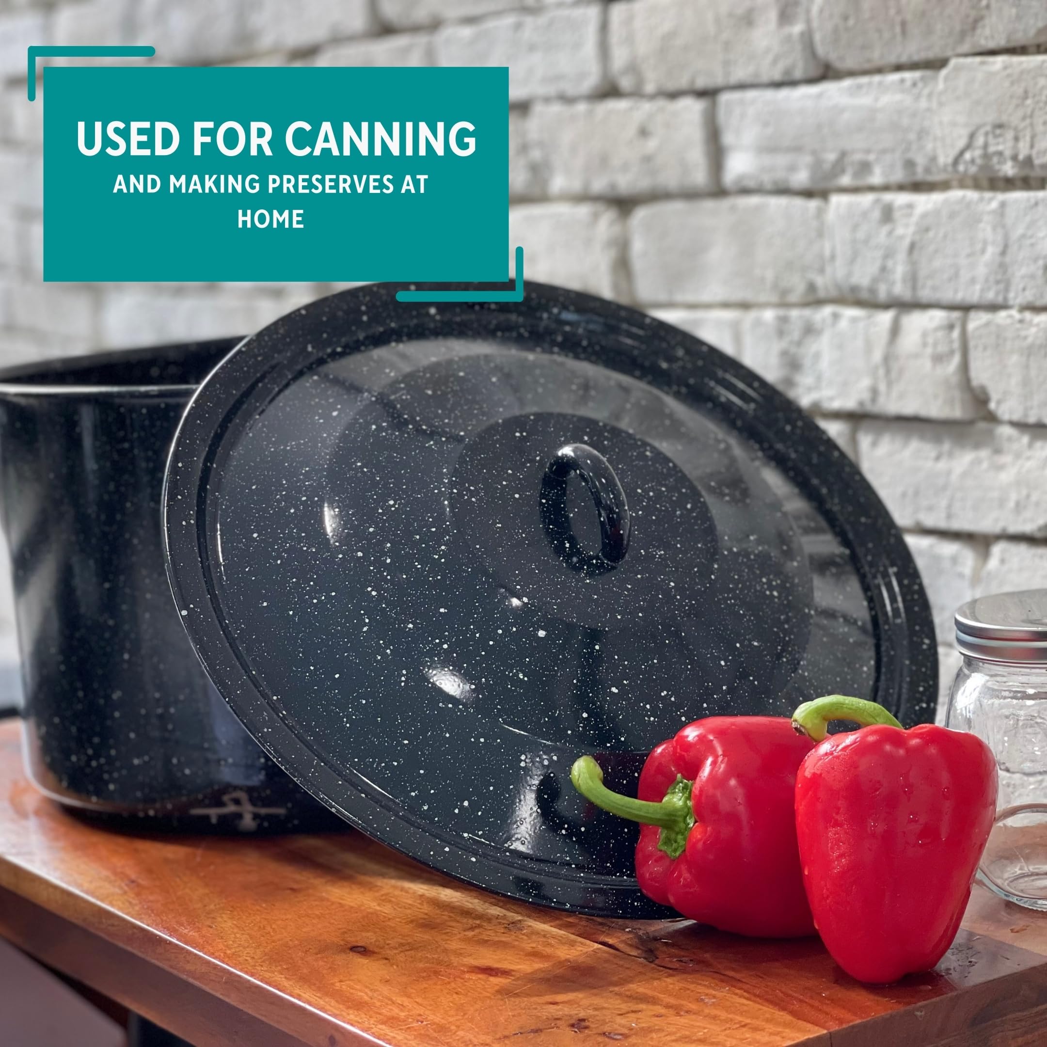MIRRO 21 Quart Enamel Stock Pot with Lid and Steamer Rack - Large Black Dutch Oven for Soups, Stews, Canning & Home Cooking