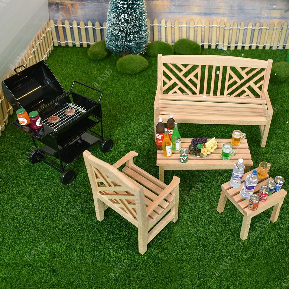 1:12 Scale iLAND Modern Dollhouse Furniture Set - 6pcs Miniature Patio Tables, Garden Chairs, BBQ Grill & Bike Accessories for Doll House Decor | Perfect for Dollhouse Scenes, Miniature Displays & Collectors
