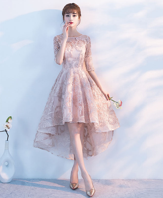 Elegant Champagne High Low Prom Dress with 1/2 Sleeves - Perfect for Homecoming, Party & Special Occasions