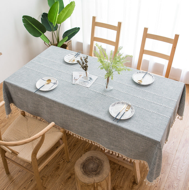 140x200cm Grey Striped Cotton Linen Embroidered Tassel Tablecloth - European American Farmhouse Style Dining Table Cover for Restaurants, Weddings & Home Decor