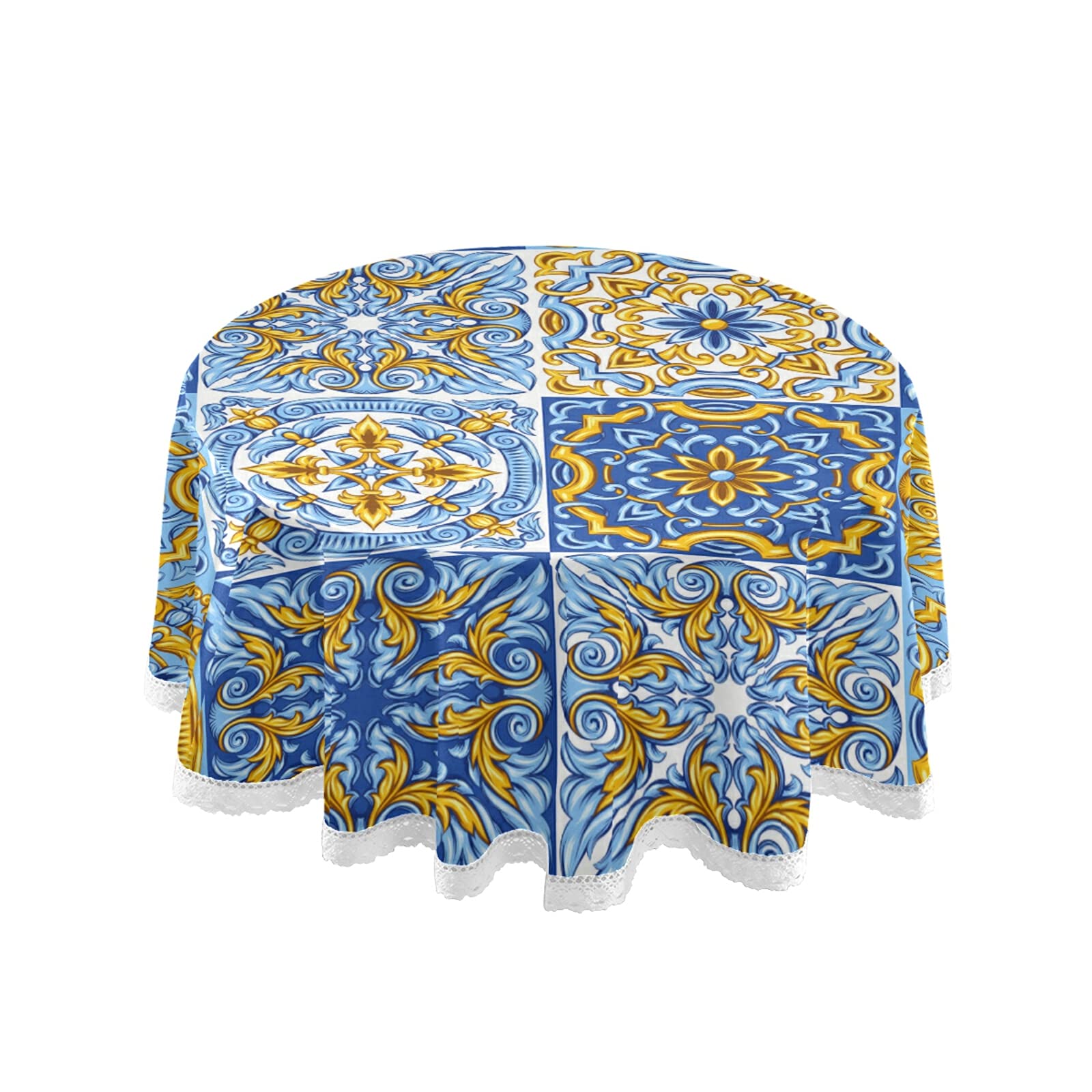 60 Inch Portuguese Tile Round Tablecloth - Wrinkle Resistant Indoor/Outdoor Table Cover for Kitchen, Dining, Weddings & Parties | Perfect for Home Décor, Dinner Settings & Outdoor Entertaining