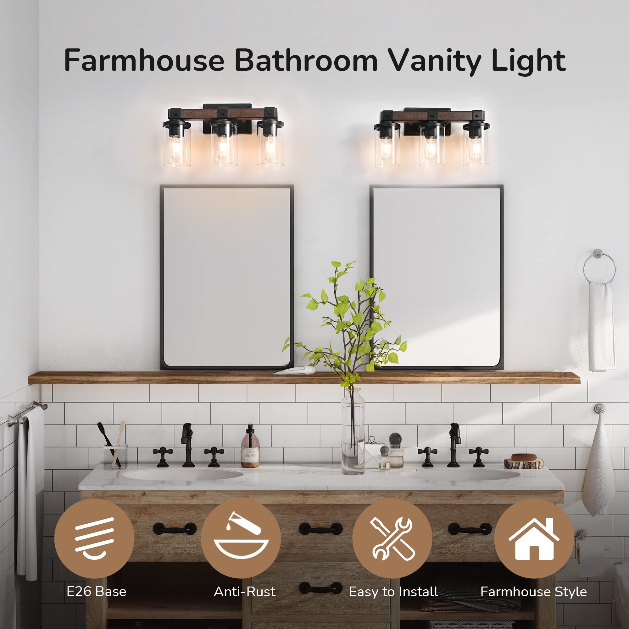 Farmhouse Vanity Lights for Bathroom - 3-Light Wall Sconce with Clear Glass Shades, E26 Base - Perfect for Bathroom Mirror, Vanity Table & Living Room Lighting Decor