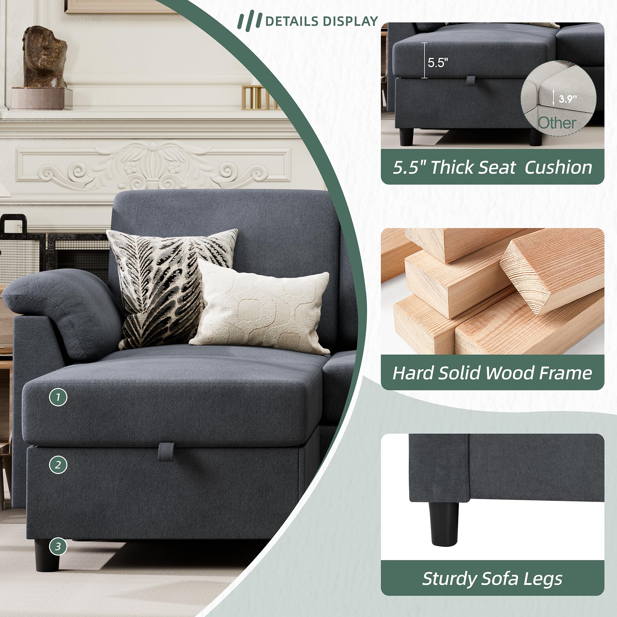 Vongrasig Convertible 3-Seat L-Shaped Sectional Sofa with Removable Pillows - Mid Century Modern Linen Fabric Couch for Living Room, Apartment & Office - Gray | Space-Saving Convertible Design for Small Spaces