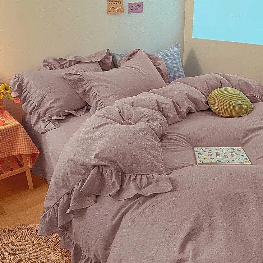 Boho Purple Cotton Washed Ruffle Duvet Cover Set - Queen, Full, Double, Twin & King Size (Oversized 98x120) | Soft Wrinkled Ruffled Bedding for Cozy Bedroom Decor