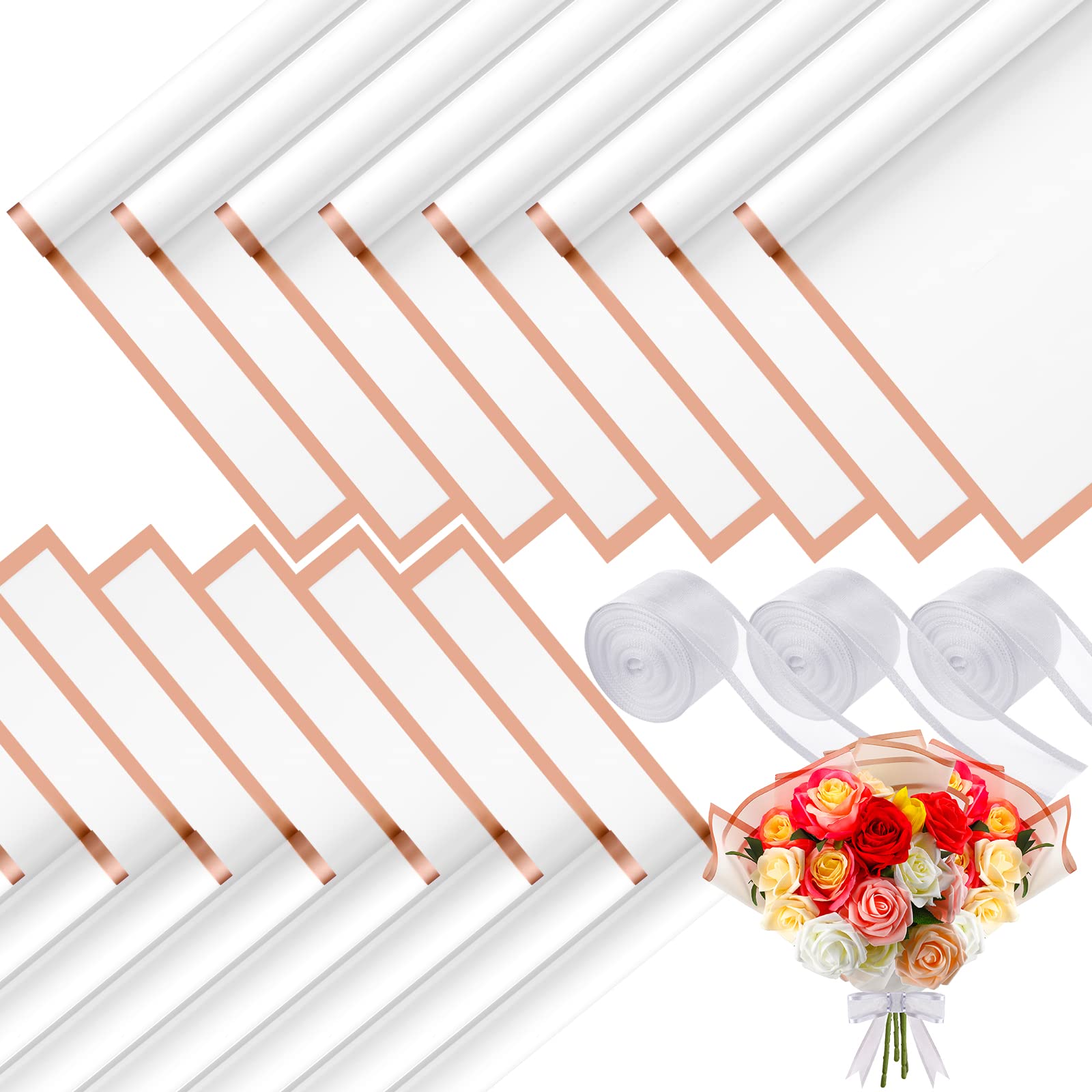 60 Sheets Waterproof Floral Wrapping Paper with Gold Edge - Korean Style Bouquet Gift Wrap for DIY Crafts, Wedding, Valentine's Day - Perfect for Flower Arrangements, Gift Packaging & Party Decorations (White)