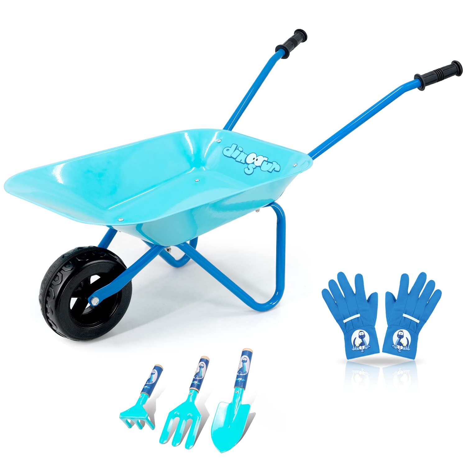 Colwelt Kids Wheelbarrow 5-Piece Set - Durable Steel Wheelbarrow with Gardening Tools & Gloves for Children (Blue) | Perfect Outdoor Play Toy for Yard Work, Gardening Activities & Pretend Play