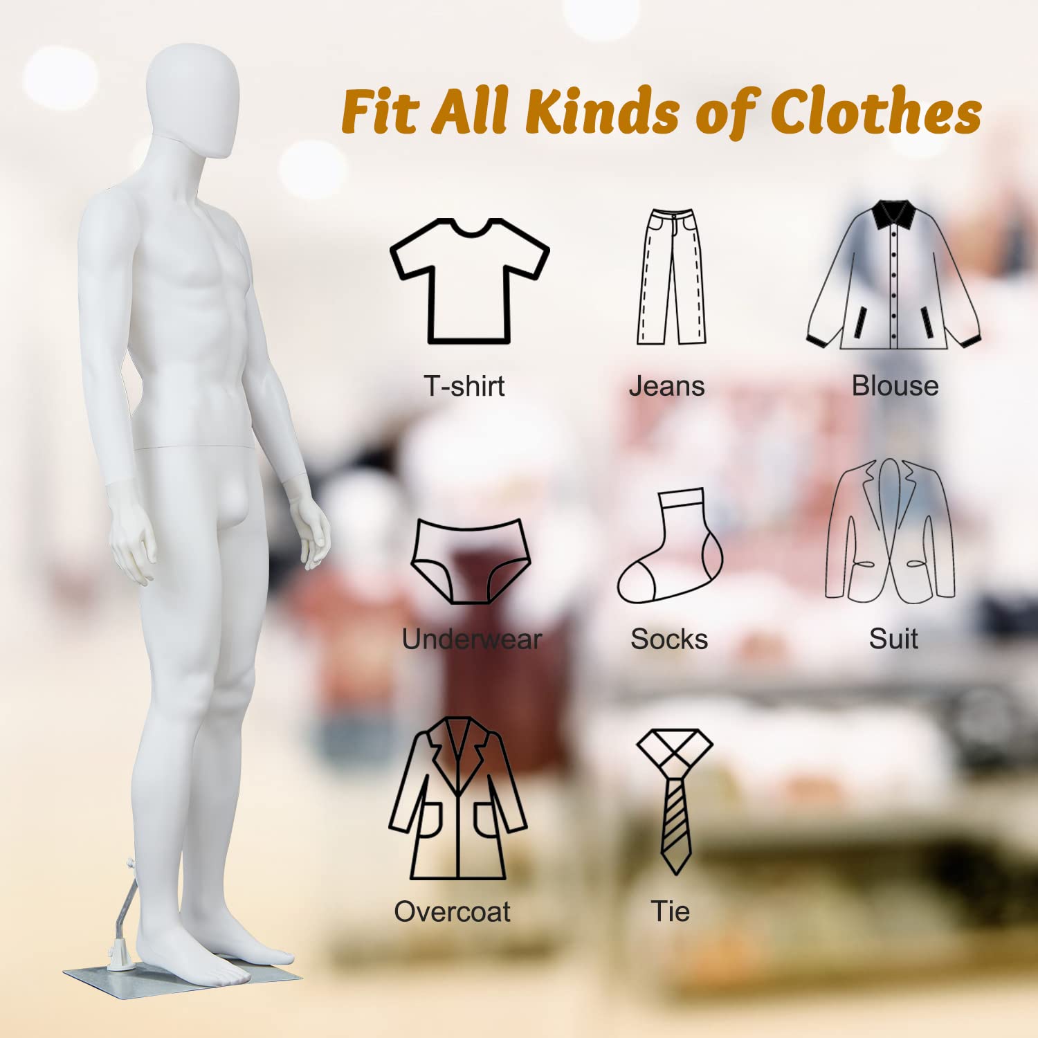 6 FT Male Mannequin with Adjustable Stand & Metal Base - Full Body Posable Dress Form for Window Display, Retail Store, Fashion Show & Photography (White)