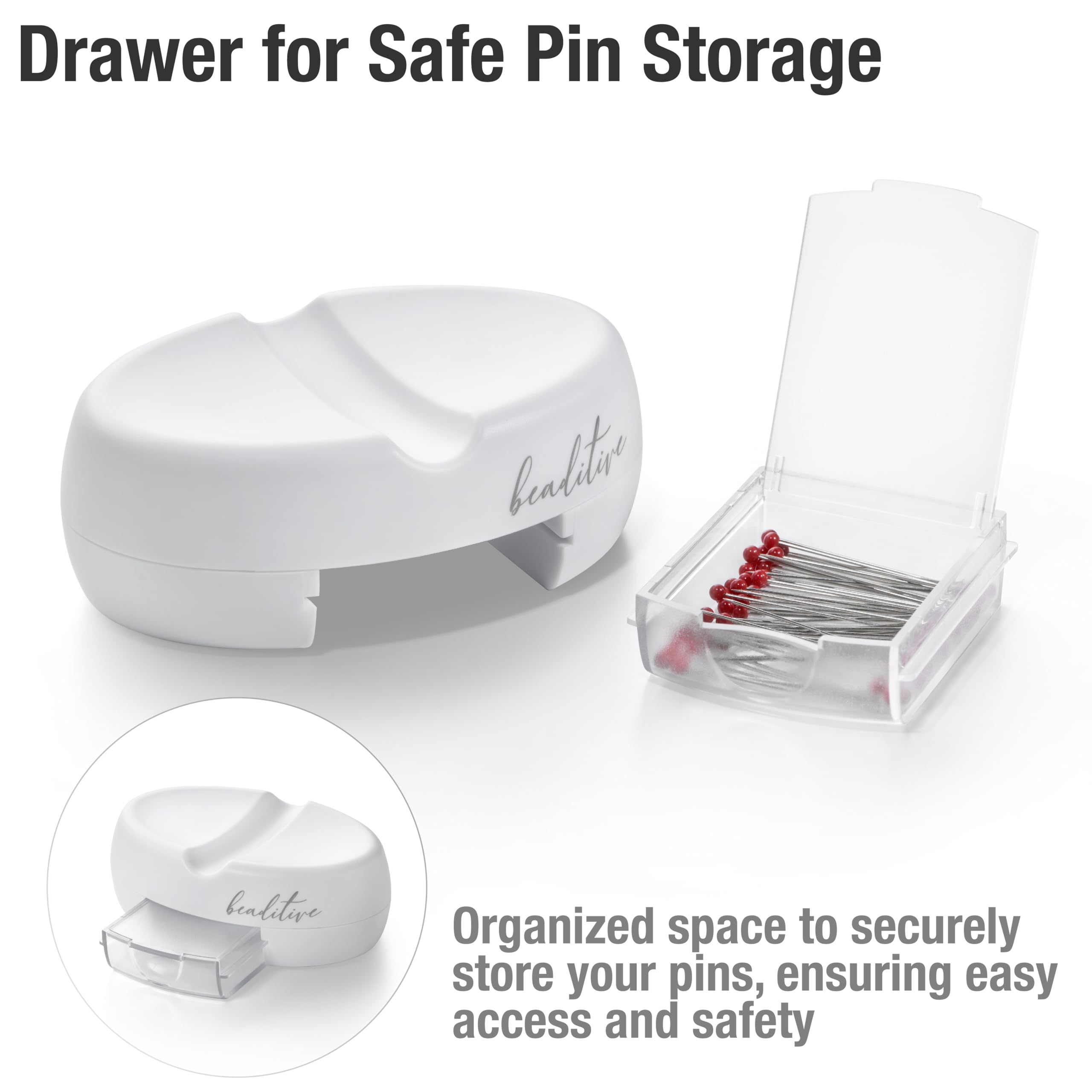 Beaditive Magnetic Pin Cushion with Drawer - Strong Magnet Holder for Sewing, Quilting & Crafts - Includes 50 Glass Head Pins - Organize Needles, Paper Clips & Small Tools - Perfect Sewing Accessory for Home & Studio - White