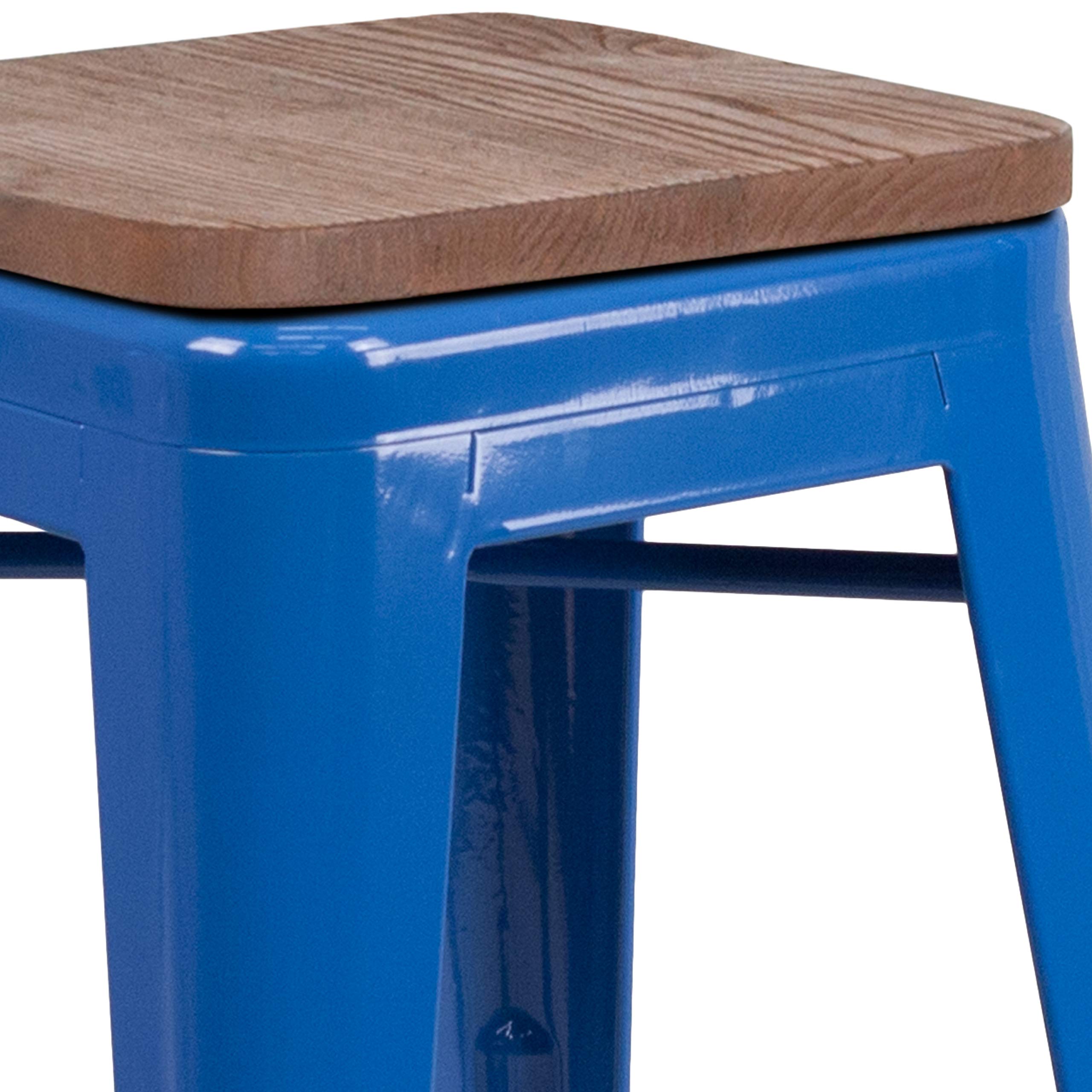 EMMA & OLIVER 24 Inch Blue Metal Counter Height Bar Stool - Backless Wood Seat Barstool for Kitchen Island, Breakfast Nook & Home Decor