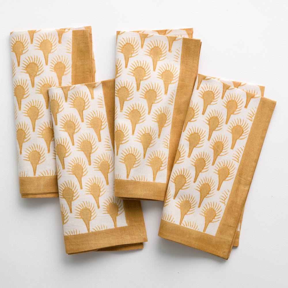 Geo Feather Ochre Napkin Set of 4 - Premium Cotton Dinner Napkins for Elegant Table Settings, Parties & Home Decor