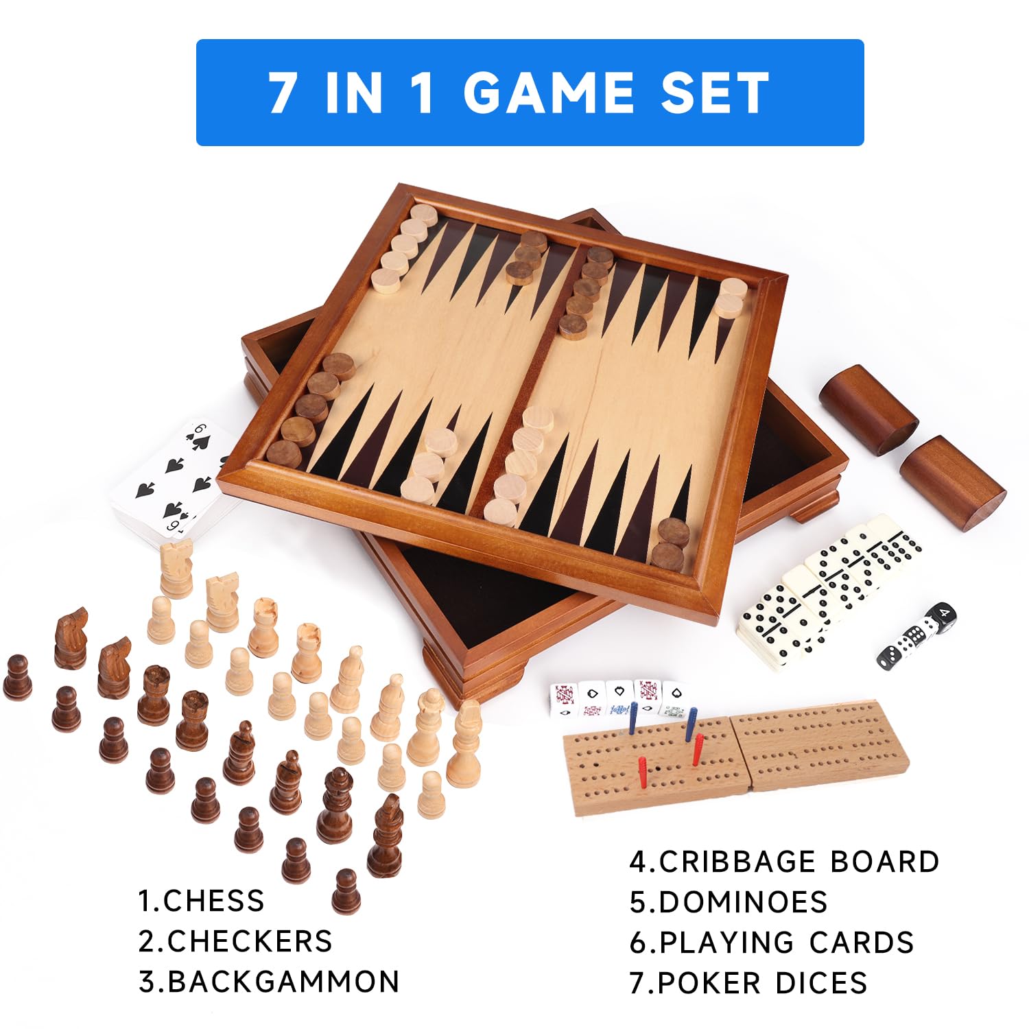 GSE 7-in-1 Wooden Game Set - Chess, Checkers, Backgammon for Family Game Night