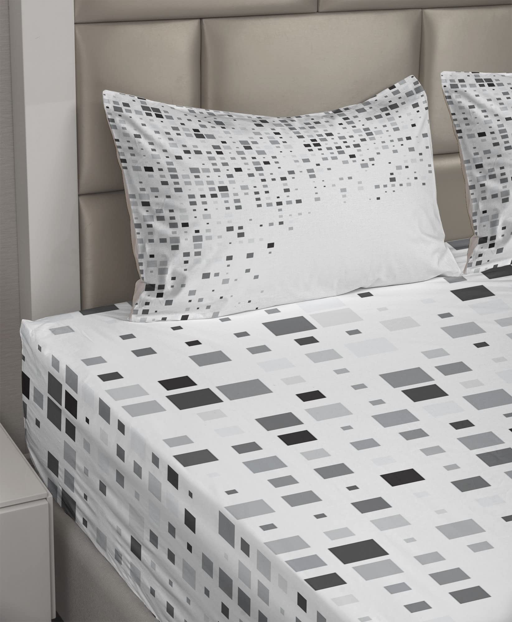 Ambesonne Grey Geometric Pattern 4-Piece Sheet Set - Fitted & Flat Sheets with Pillowcases, Modern Rectangle Digital Print Bedding in Ash White - Perfect for Guest Rooms, Dorms & Contemporary Bedrooms
