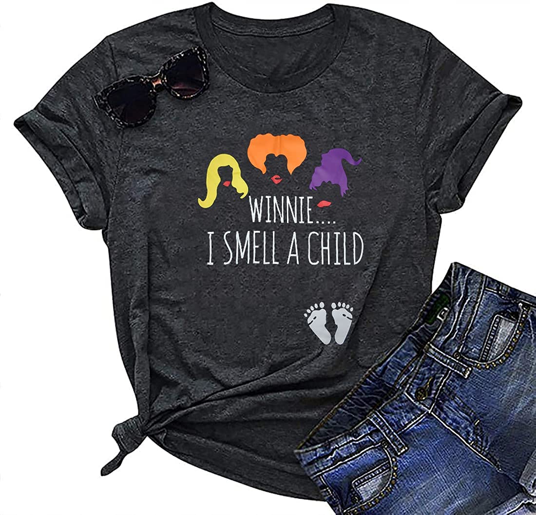 EXMIUN Winnie the Pooh 'I Smell a Child' Halloween Pregnancy Shirt for Women - Fall Maternity T-Shirt - Sanderson Sisters Inspired Top - Perfect for Halloween Parties & Pregnancy Announcements