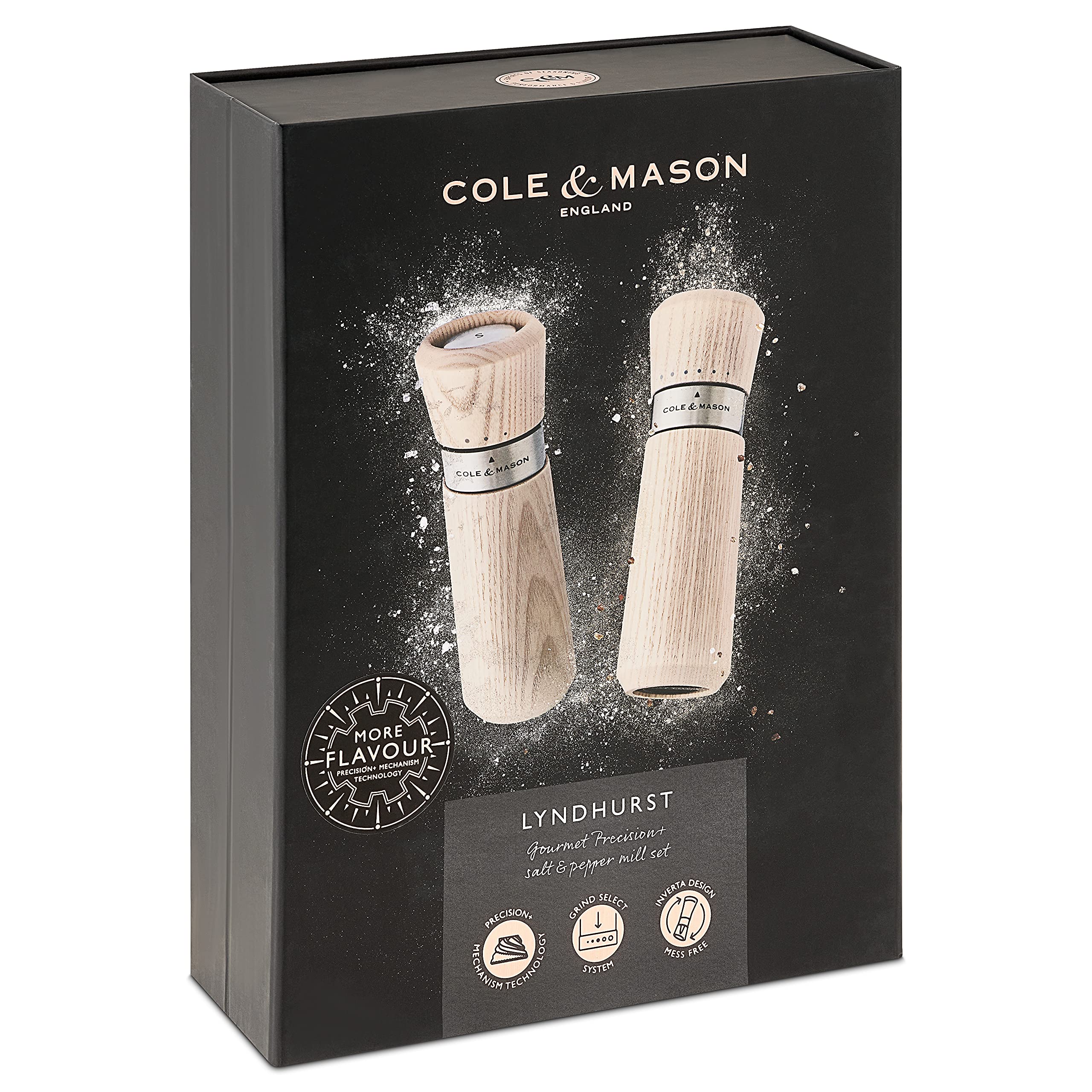 Cole & Mason Lyndhurst Nordic White Salt and Pepper Mills Set - Premium Stainless Steel & Stained Ash Wood - 185mm Gourmet Precision+ Grinders - Perfect for Kitchen, Dining Table & Gift Giving