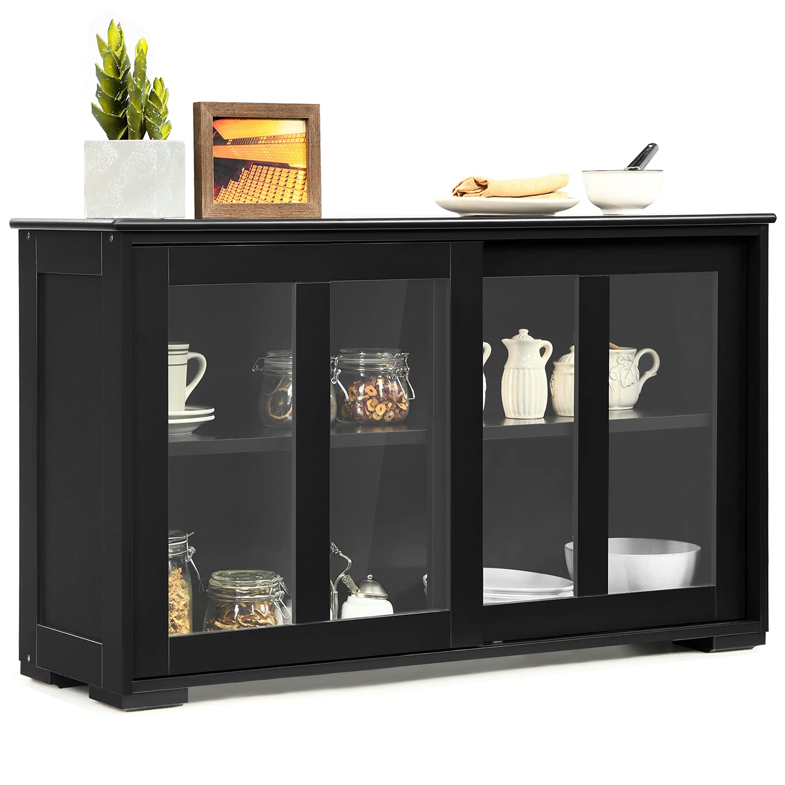 Costzon Wooden Sideboard Buffet Cabinet with Adjustable Shelf & Sliding Glass Doors - Kitchen Storage Cabinet, Coffee Bar Console Table for Living Room, Dining Room & Hallway - Perfect for Home Organization & Entertaining (Black)