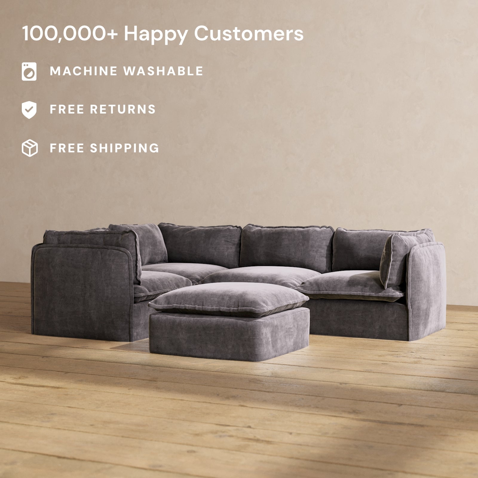Modular Performance 4-Seater Corner Sectional Sofa with Ottoman in Cinder Gray - Modern L-Shaped Living Room Furniture for Family Gatherings & Movie Nights | Relaxed Blend Fabric