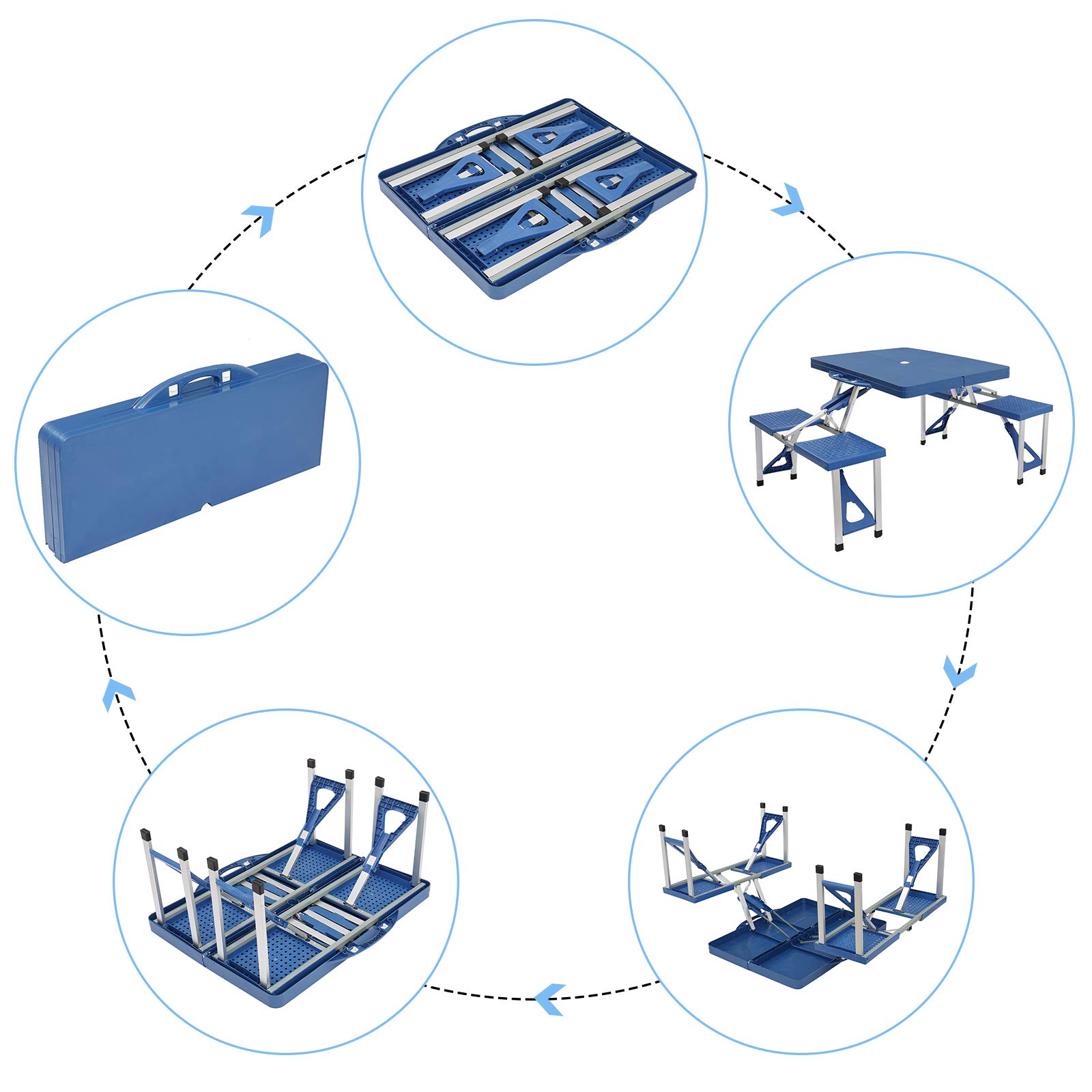 Portable Folding Picnic Table with 4 Seats - Lightweight Camping Table for Outdoor Travel, Beach, Backyard & Patio - Includes Umbrella Hole & Carry Handle (Blue) - Perfect for Camping, Picnics, BBQs & Tailgating