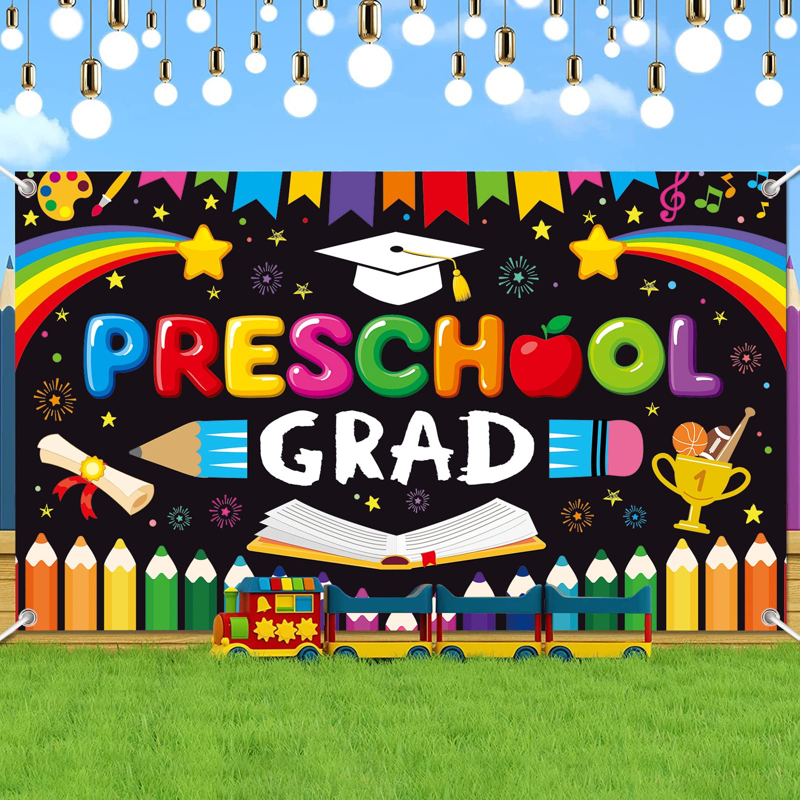2023 Preschool Graduation Backdrop - 6x4ft Black Kindergarten Graduation Party Decorations - Kids Graduation Banner & PreK Congrats Grad Background for Photo Booth, Classroom Decor & Celebration Events