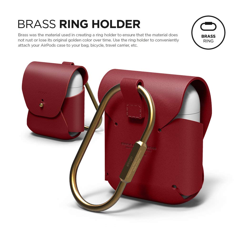 Premium Genuine Leather Case for AirPods 1 & 2 - Natural Cowhide Cover with Brass Ring Holder | Wireless Charging Compatible | Perfect for Travel, Work & Daily Use [Red]